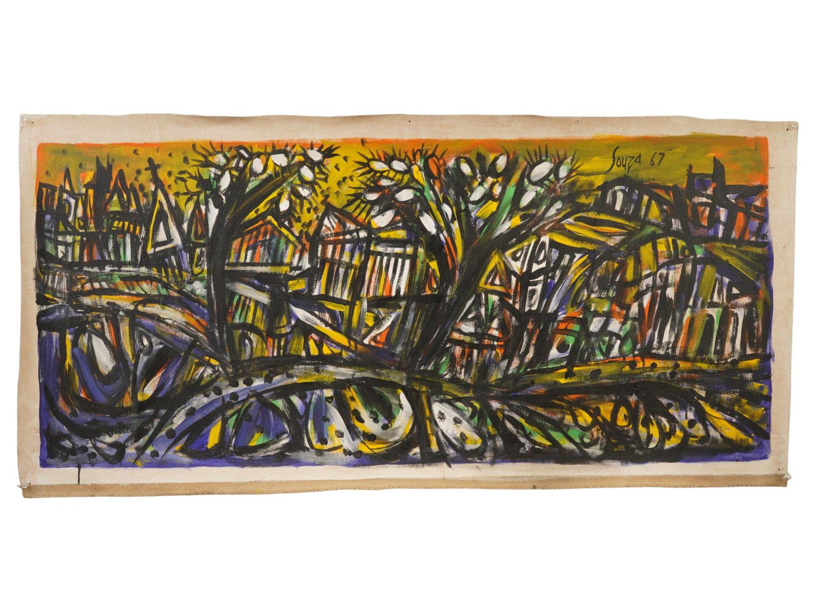 INDIAN CITYSCAPE ACRYLIC PAINTING SIGNED F N SOUZA: Signed F.N. Souza, Indian, 1924 to 2002, acrylic on canvas painting. The artwork depicts a cityscape. Signed and dated 67 in the upper right. F.N. Souza was a founding member of the Bombay Progressive