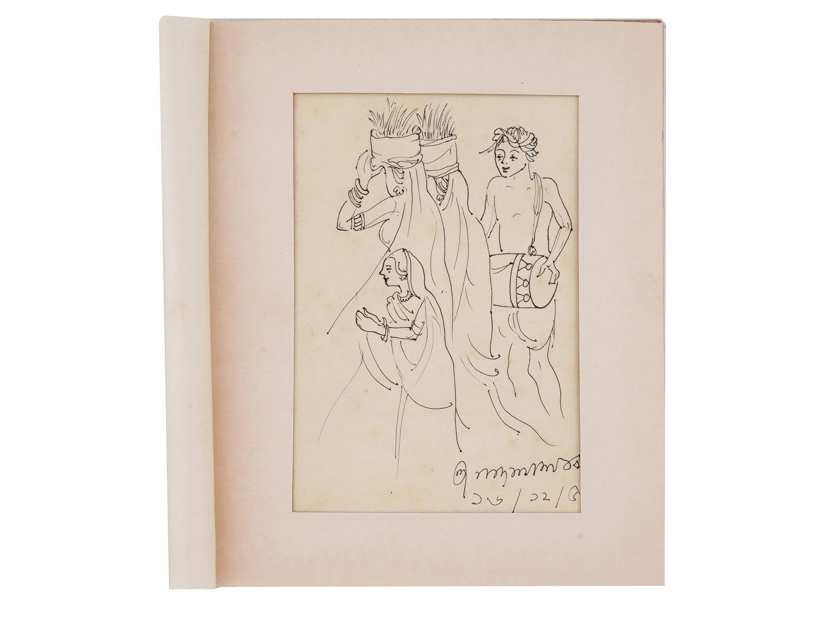 ATTR TO NANDALAL BOSE MODERN INDIAN INK PAINTING: Attributed Nandalal Bose, Indian, 1882 to 1966, an ink painting on paper depicting various figures. Signed lower right. Matted. Nandalal Bose was one of the pioneers of modern Indian art and a key fig