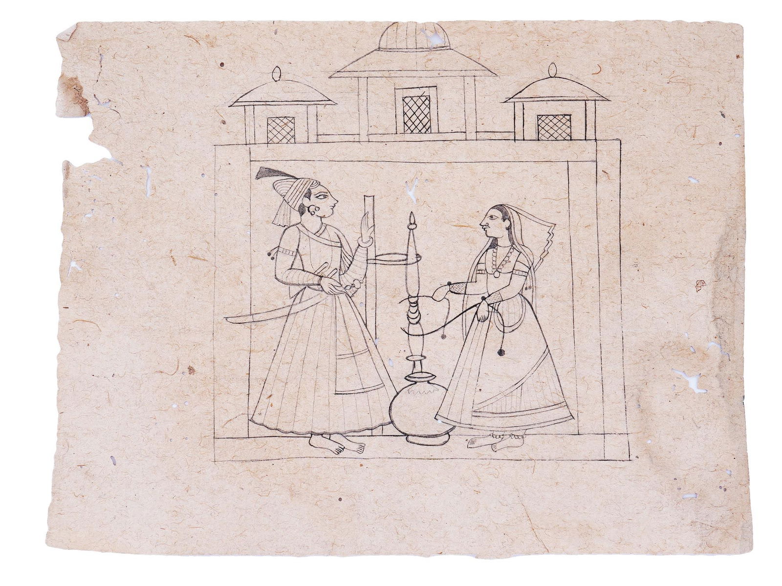 ANTIQUE INDIAN MUGHAL INK PAINTING COURT SCENE: An antique Indian ink drawing on paper. Late Mughal Empire period, 18th to 19th century. Rajasthani school. The piece depicts a court scene, a royal couple smoking hookah. Collectible Oriental Islamic