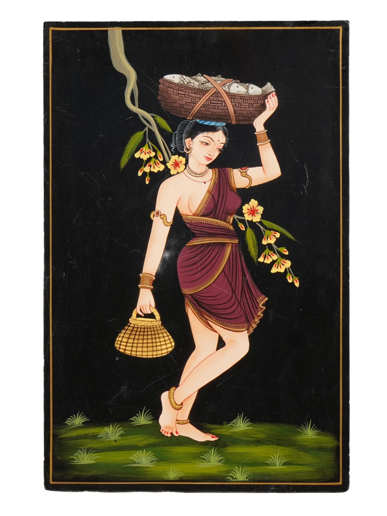 VINTAGE INDIAN LACQUERED PANEL NIRMAL PAINTING STYLE: A vintage Indian lacquered panel executed in the traditional Nirmal painting style, a celebrated folk art form originating from Nirmal in Telangana, India. The composition depicts a village woman, int