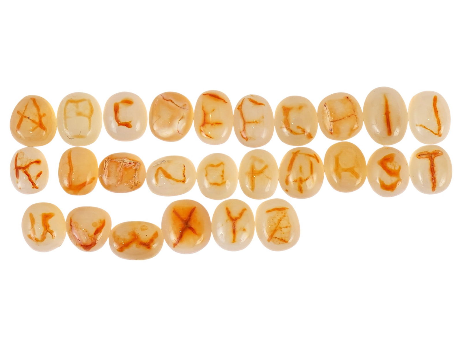 COLLECTION OF 26 ENGLISH ALPHABET AGATE BEADS: A collection of 26 alphabet agate beads, which are carved natural gemstone pieces featuring letters of the English alphabet. Presumably from Indonesias Java Island. They are polished into smooth, oval
