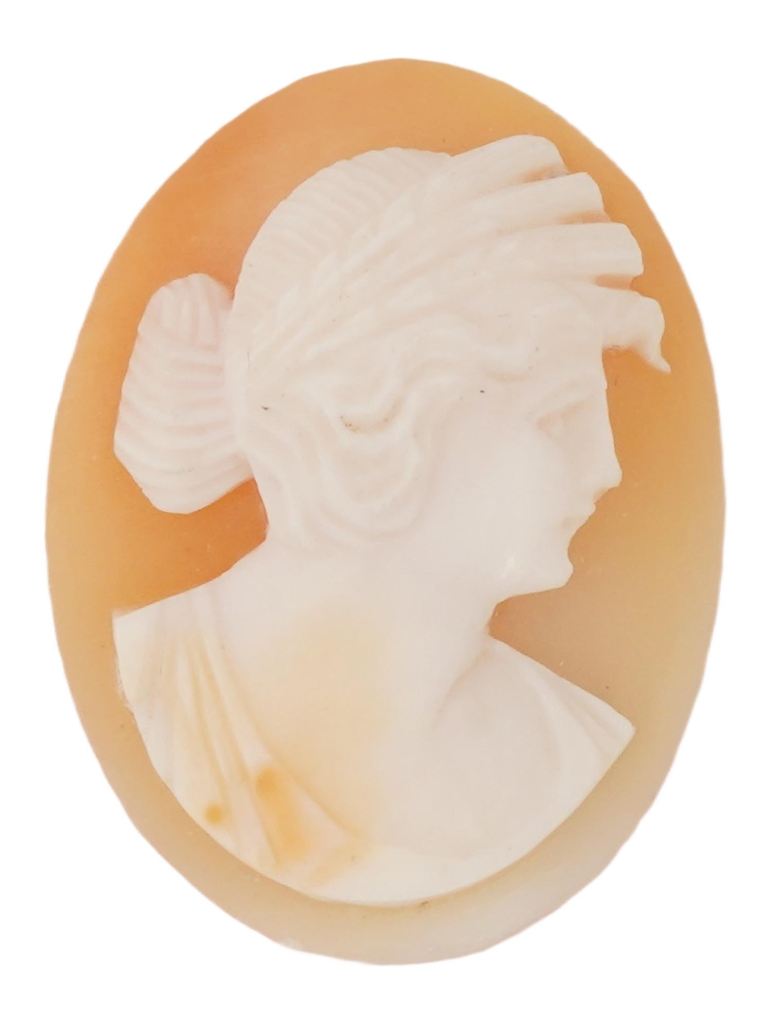 ANTIQUE HAND CARVED SHELL CAMEO CLASSICAL WOMAN PROFILE: An antique hand-carved shell cameo depicting the profile of a woman in classical style. Carved from conch shell, it features the characteristic orange-pink background with a white foreground, creating