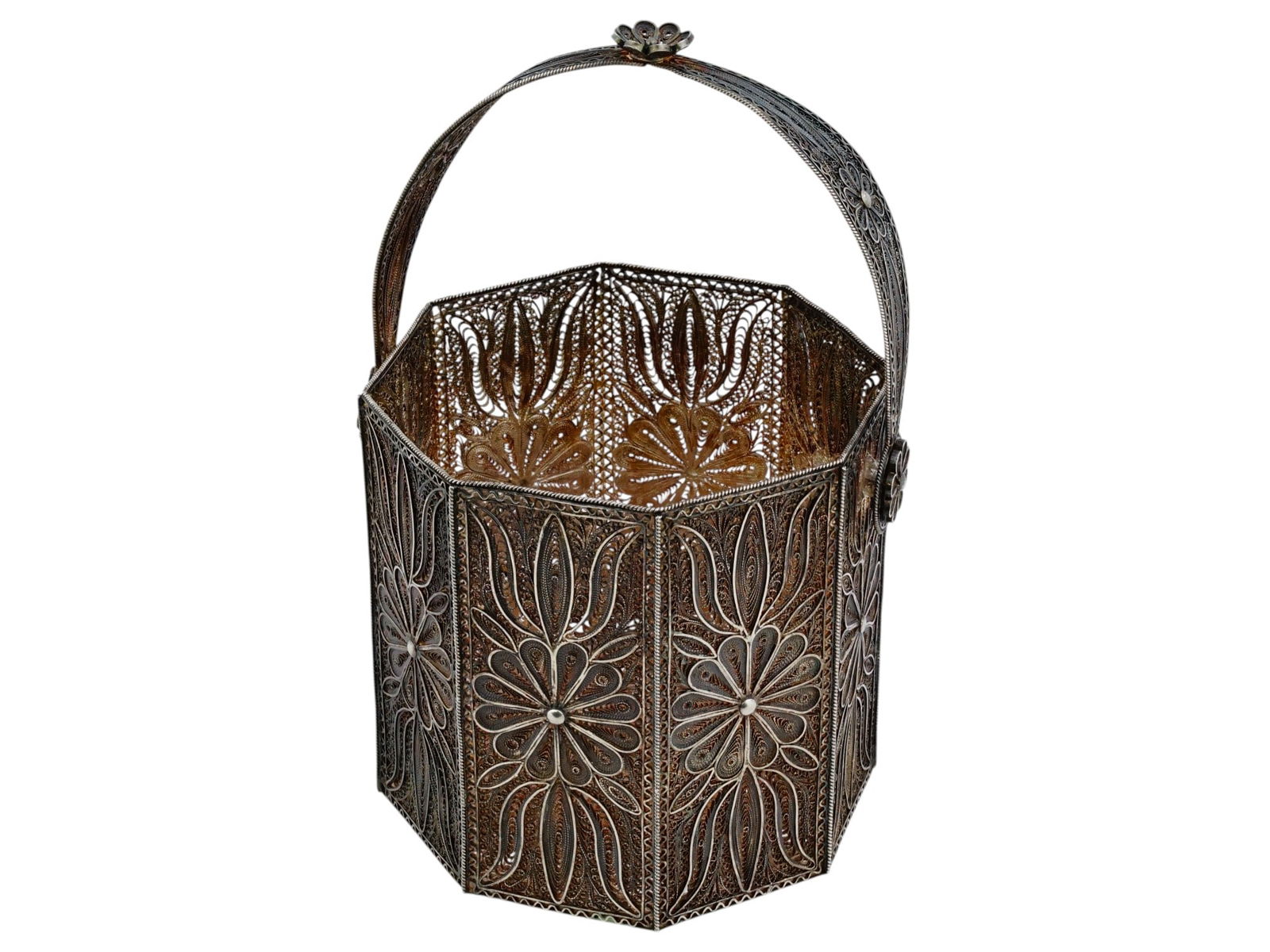 RUSSIAN OCTAGONAL SILVER FILIGREE HANDLED BASKET (1 of 9)
