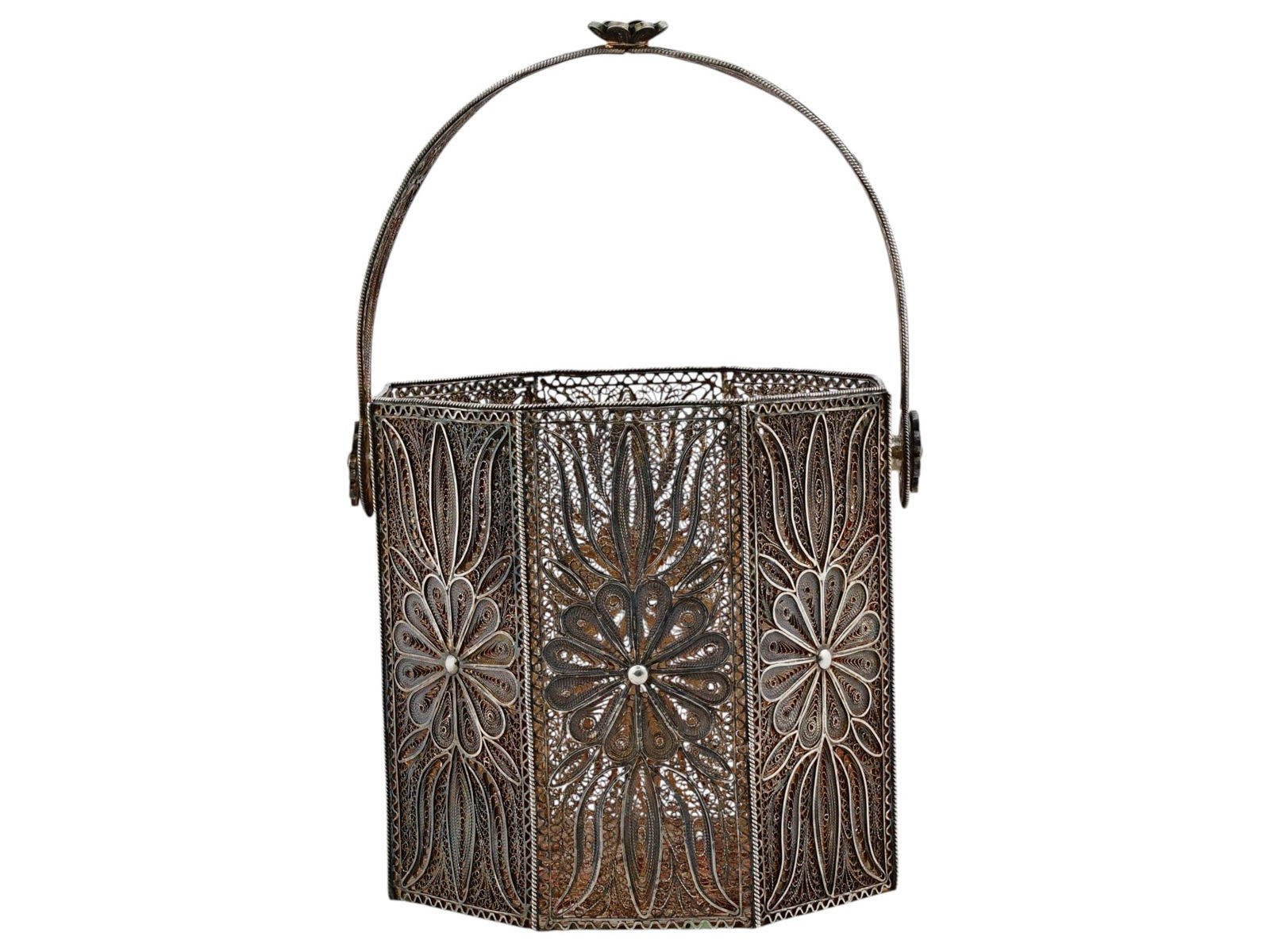 RUSSIAN OCTAGONAL SILVER FILIGREE HANDLED BASKET - 2