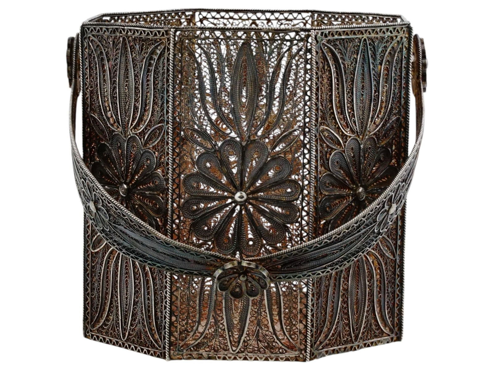 RUSSIAN OCTAGONAL SILVER FILIGREE HANDLED BASKET - 3
