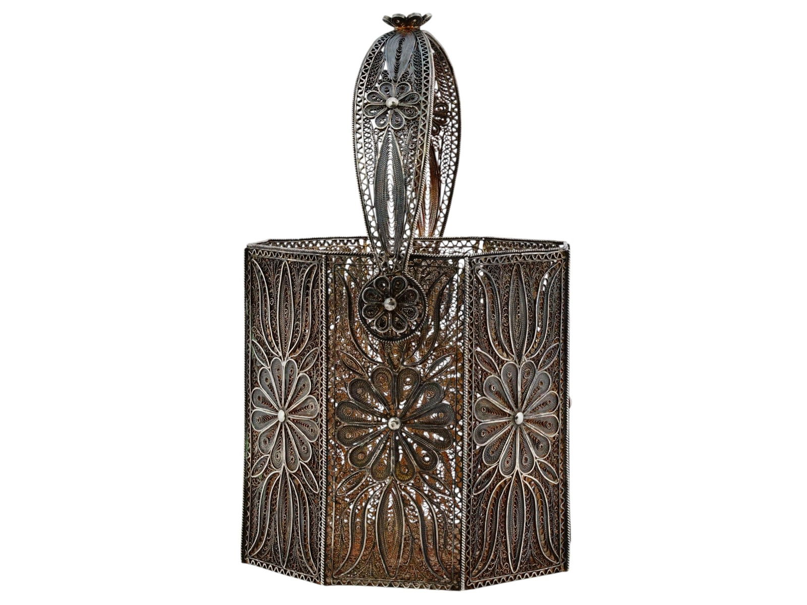 RUSSIAN OCTAGONAL SILVER FILIGREE HANDLED BASKET - 4