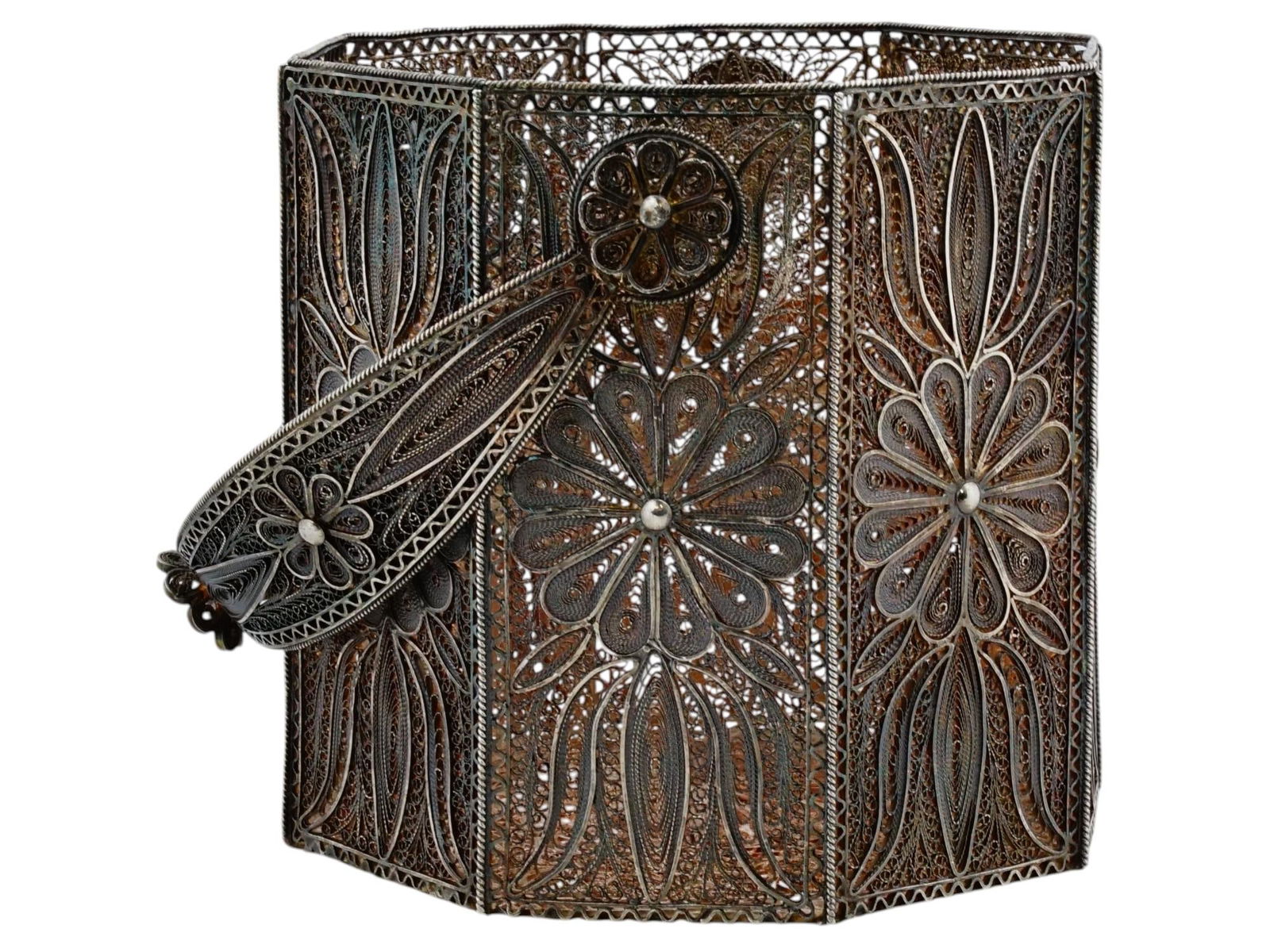 RUSSIAN OCTAGONAL SILVER FILIGREE HANDLED BASKET - 5
