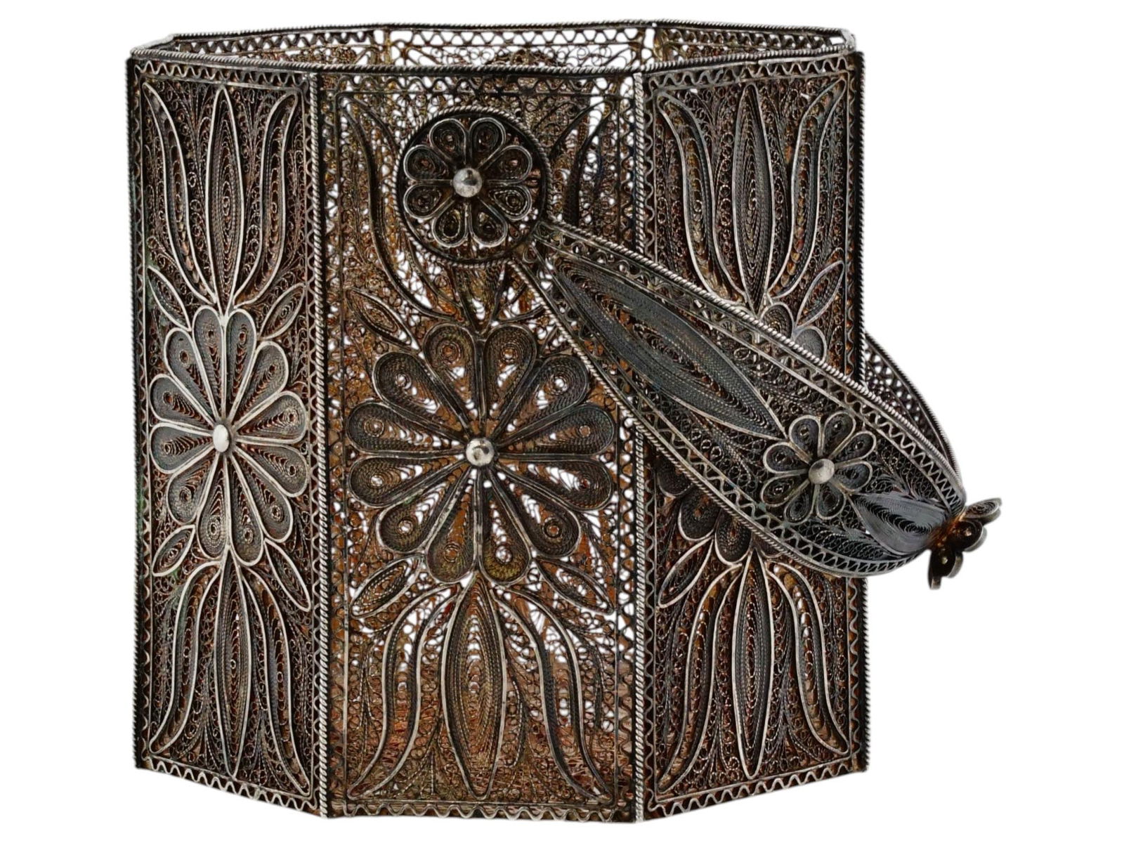 RUSSIAN OCTAGONAL SILVER FILIGREE HANDLED BASKET - 6