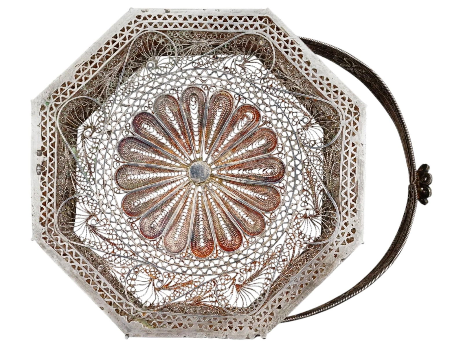 RUSSIAN OCTAGONAL SILVER FILIGREE HANDLED BASKET - 7