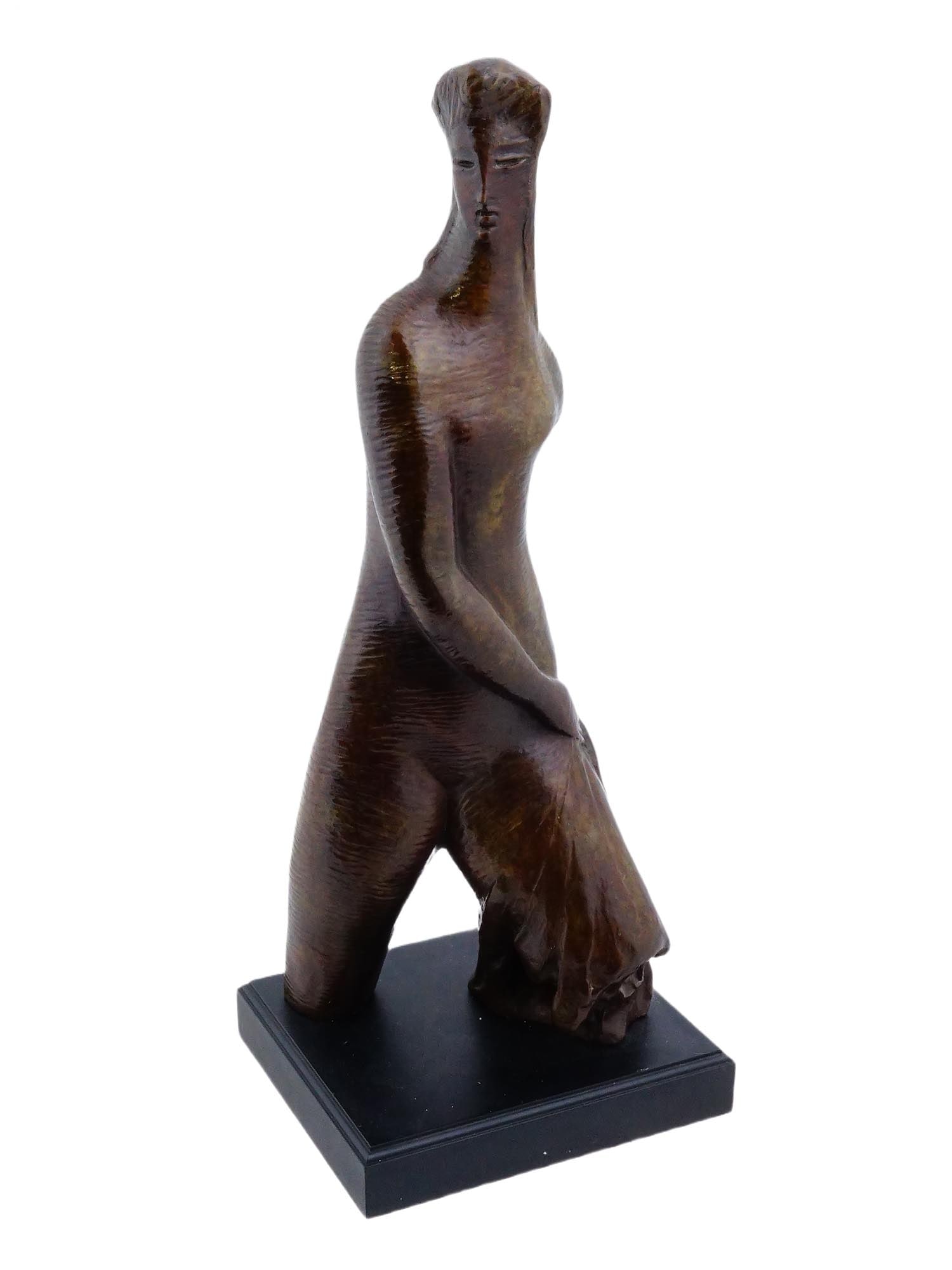 FRENCH BRONZE SCULPTURE AFTER ALEXANDER ARCHIPENKO: A Modernist brown patinated bronze sculpture, Walking Girl, after the original bronze sculpture by Alexander Archipenko, Russian, Ukrainian, American, French, 1887 to 1964. Mounted on a rectangular sh