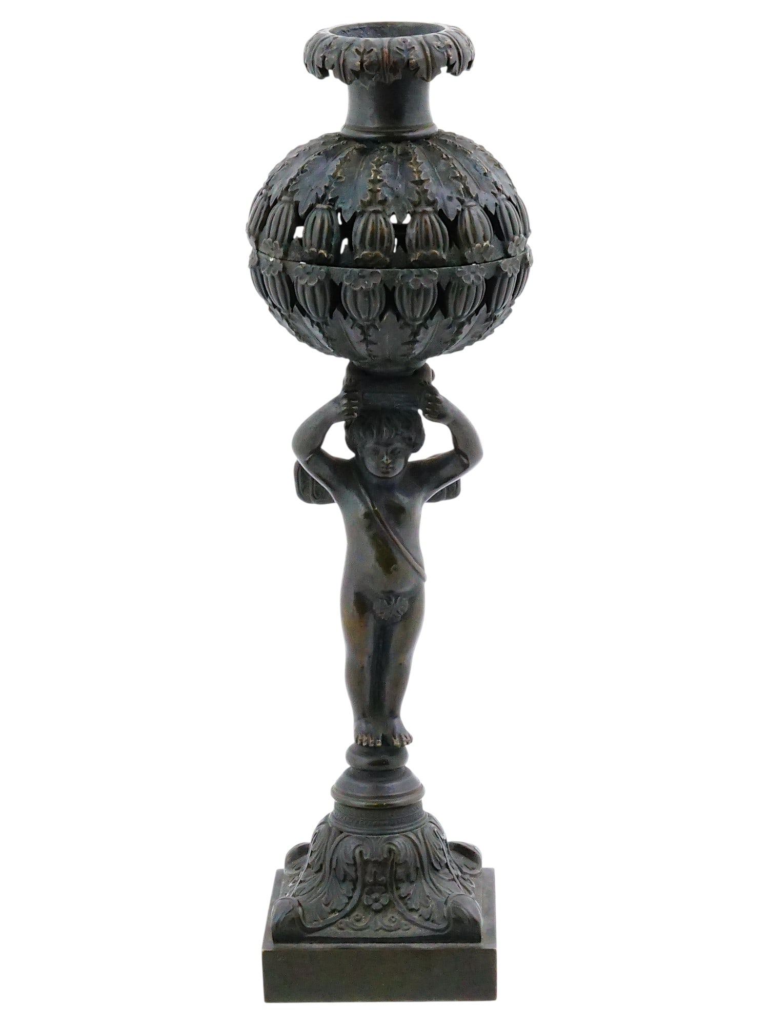 ANTIQUE GERMAN PATINATED BRONZE PUTTO CENSER CA 1830: An antique German patinated bronze censer, circa 1830. The central figure is a patinated bronze nude putto. He stands in a dynamic pose, holding a large, ornate urn aloft with both hands. The urn feat