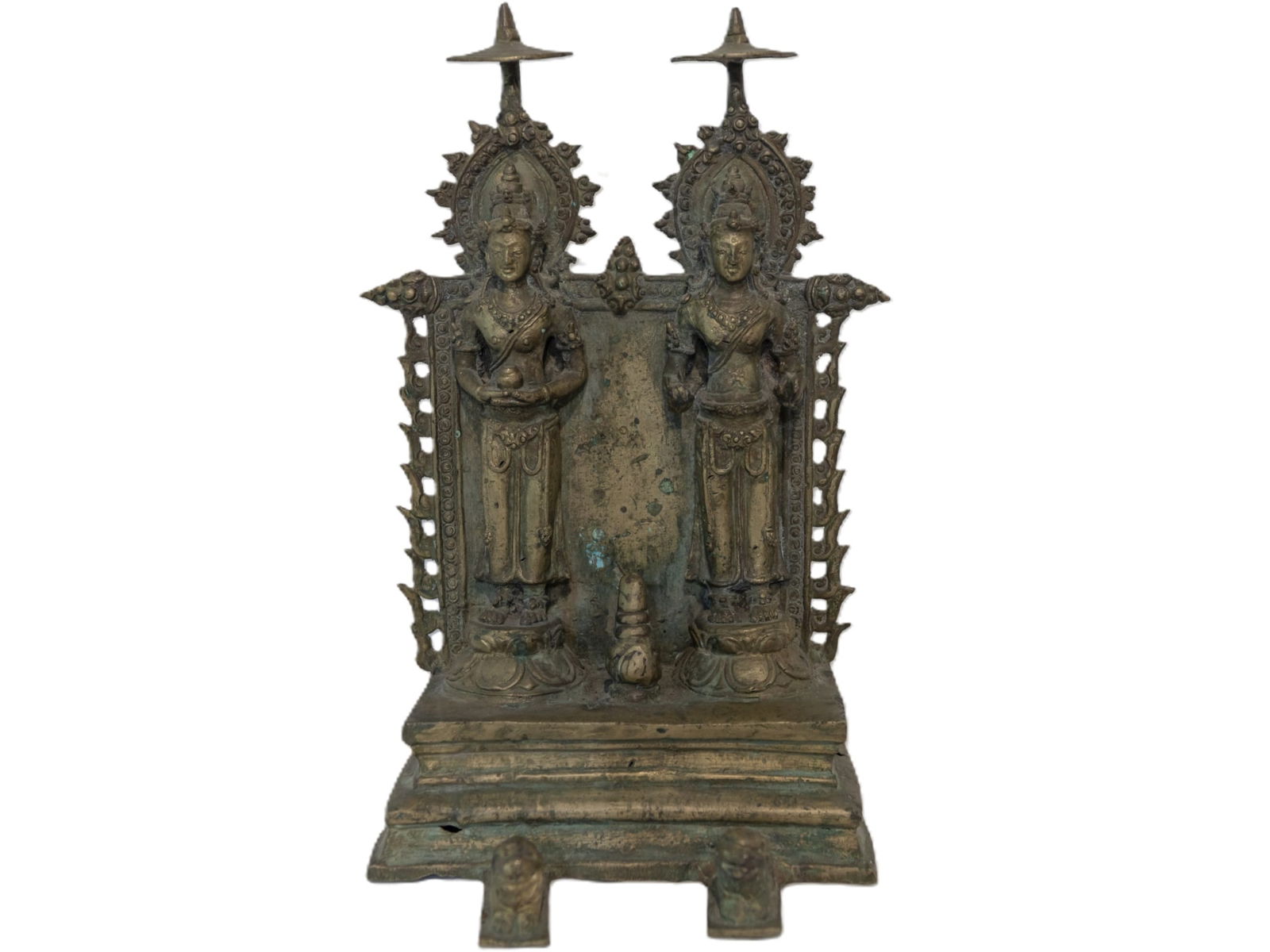 BRONZE DOUBLE FIGURE SHRINE NEPAL, 17TH CENTURY: This is possibly a Hindu ritual bronze shrine (mandapa) featuring Rama and Lakshmana, most likely from Nepal or the Western Himalayan region (Garhwal–Kumaon). or Two attendant deities / guardians (D