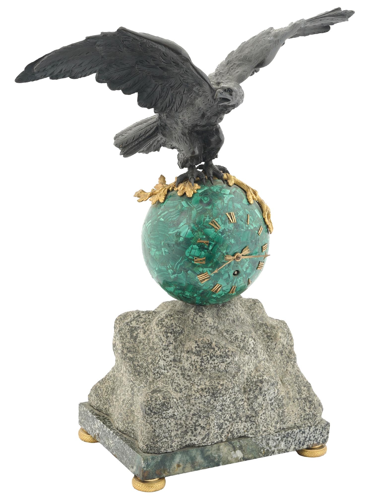 ANTIQUE FRENCH BRONZE AND MALACHITE MANTLE CLOCK: An antique French bronze and malachite mantle clock. A dial is made in the shape of a hand carved Malachite stone ball with gilt brass Roman numerals and hands. The dial is adorned with a large patina