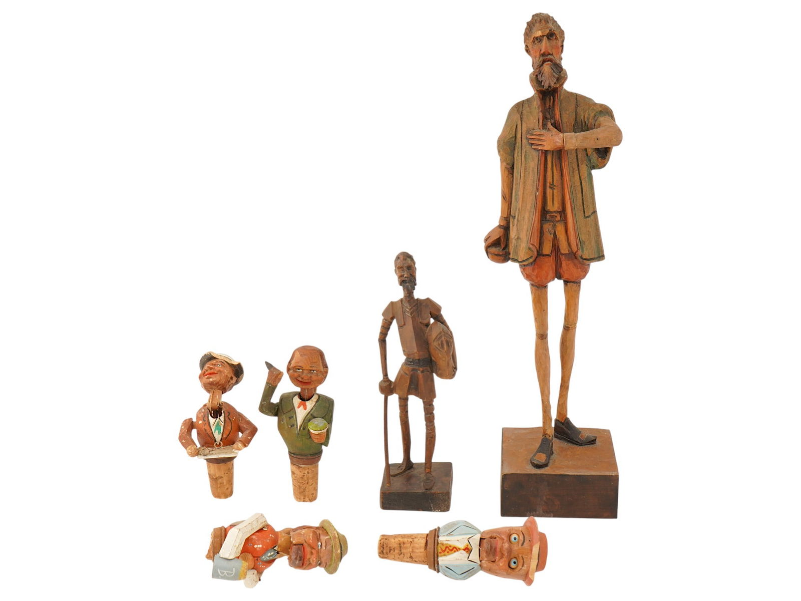 LOT OF EUROPEAN CARVED WOOD FIGURES BOTTLE STOPPERS: A collection of six vintage and antique wooden figurines or figural wares handmade in Europe, mainly Spain and Italy. The collection includes two figures, a characters from Miguel de Cervantess famous