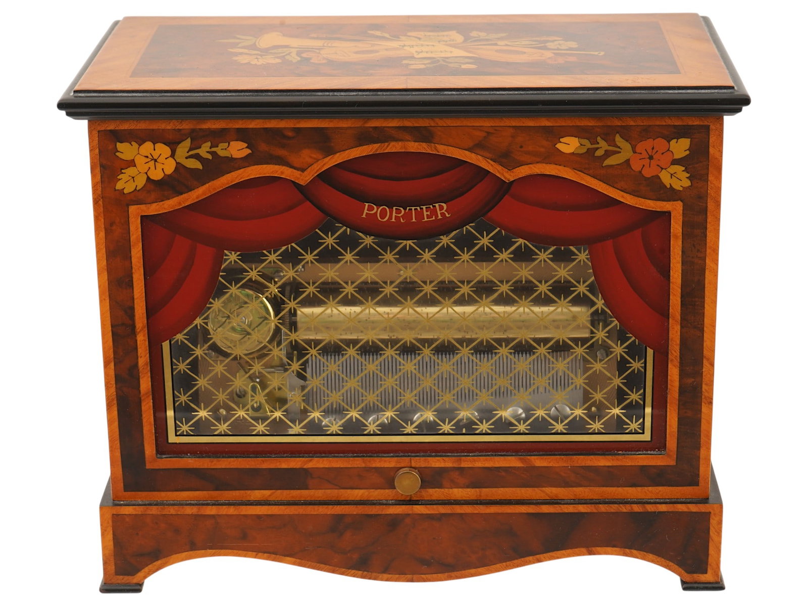 AMERICAN PORTER MUSIC BOX COMPANY WOOD DISC MUSIC BOX: A disc music box by the Porter Music Box Company, a modern mechanical musical instrument designed in the style of classic 19th century instruments. The case is decorated with marquetry inlays using ex