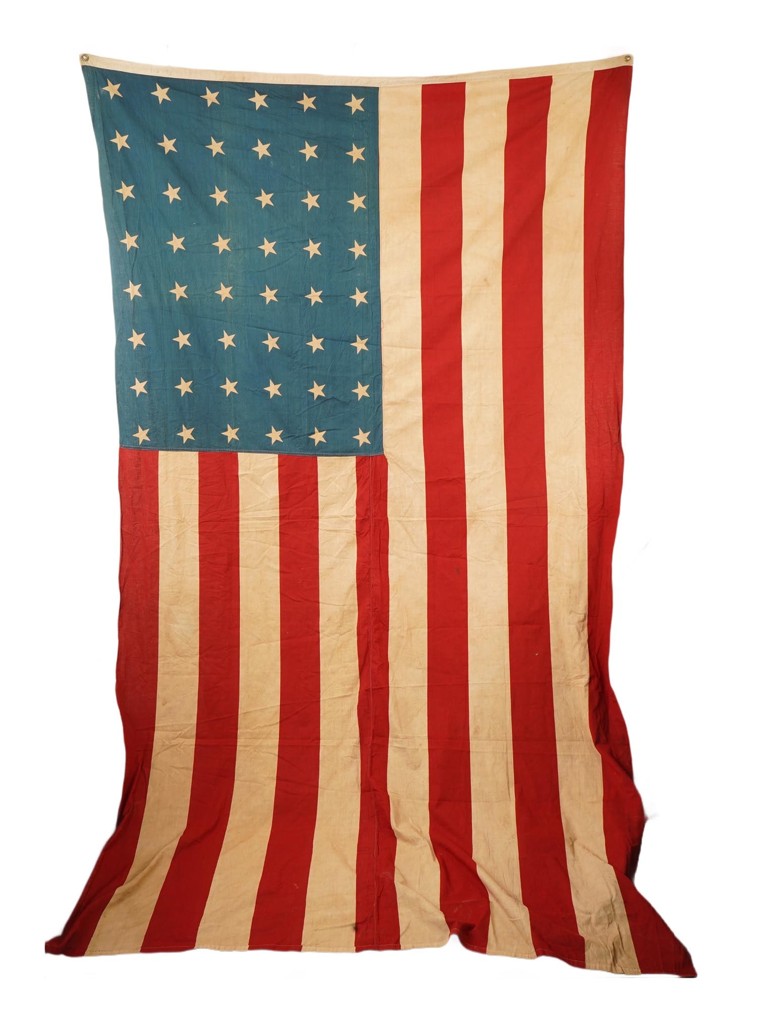 VINTAGE 48 STAR UNITED STATES NATIONAL DESIGN FLAG: A vintage 48-star United States flag, representing the official national design used from 1912 through 1959 and carried during both World War I and World War II, arranged in six rows of eight stars. D