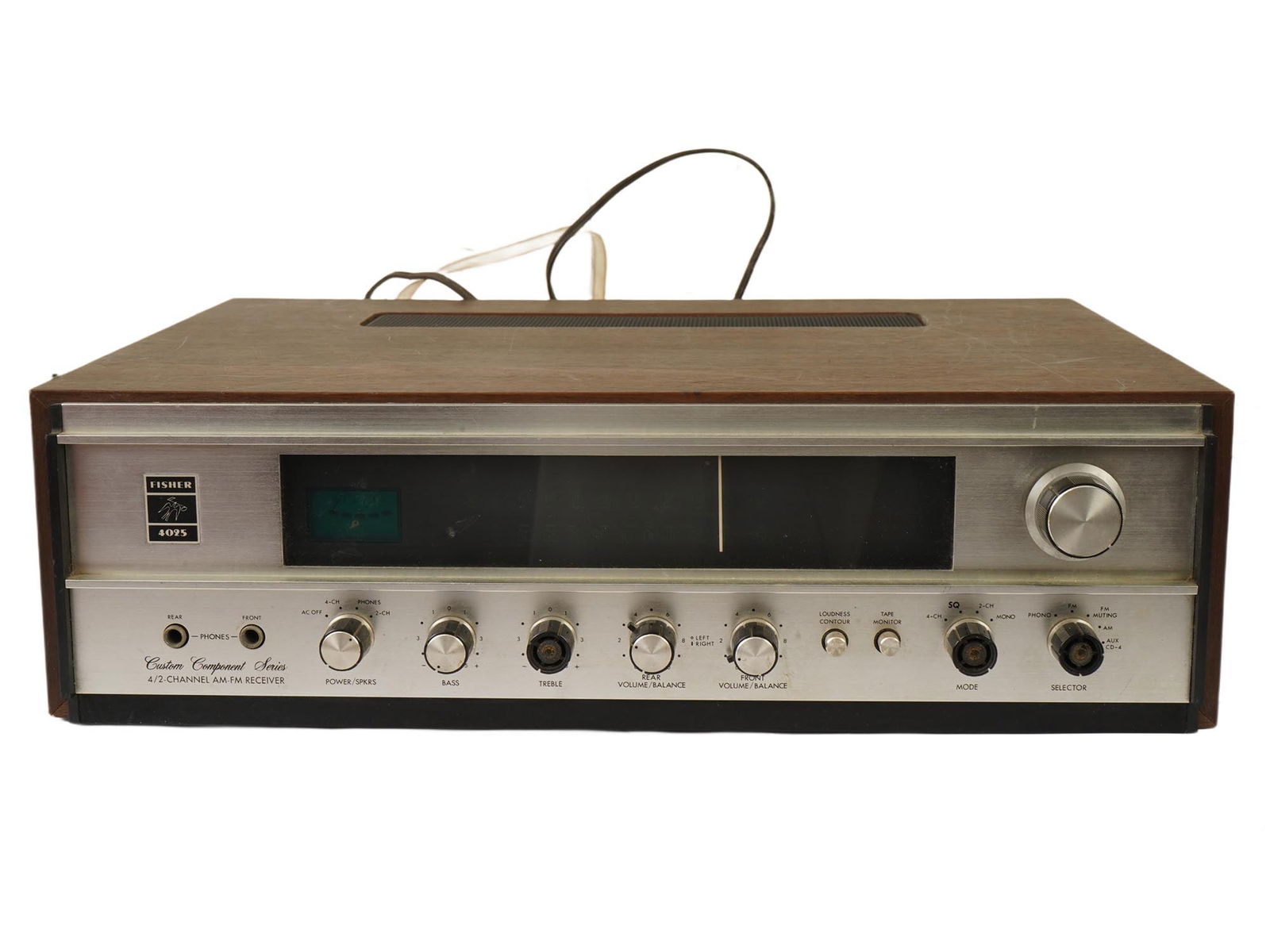 VINTAGE FISHER 4025 AM FM STEREO RECEIVER: A vintage Fisher 4025 AM FM Stereo Receiver from the Custom Component Series, manufactured circa 1972 to 1974. It belongs to the era of quadraphonic sound, which was a precursor to modern surround sou