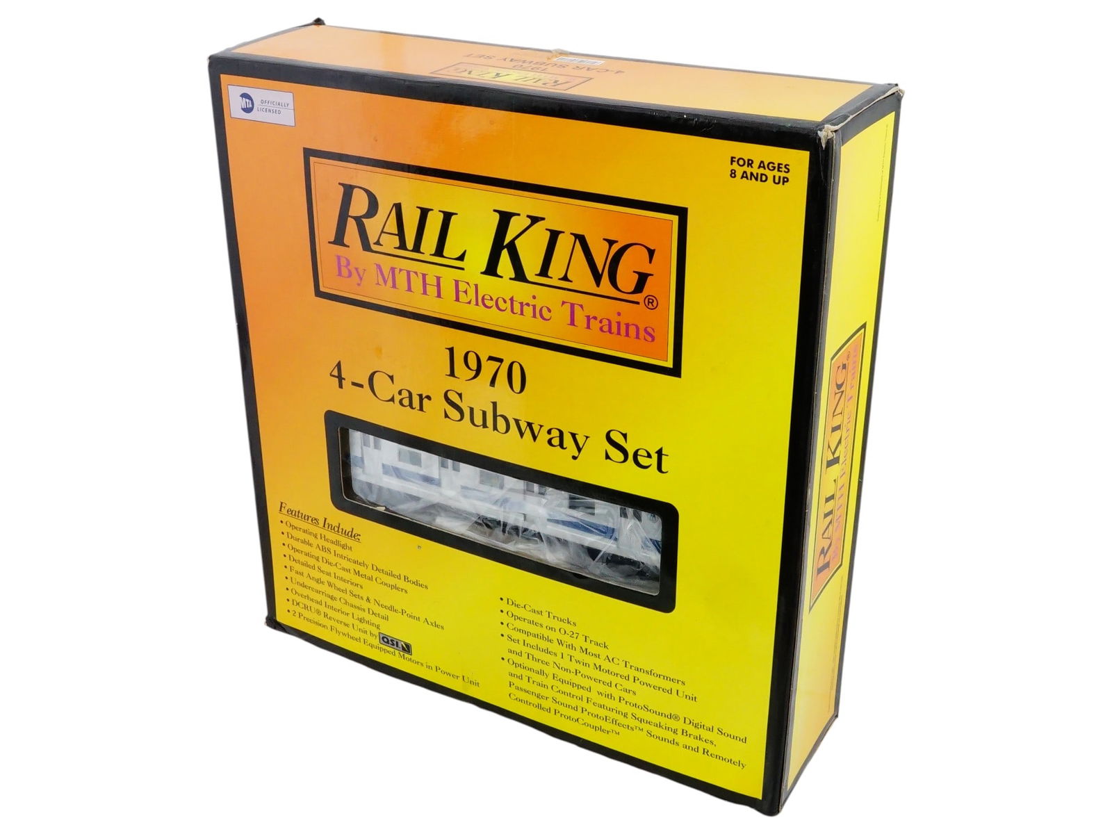 RAIL KING MTH ELECTRIC TRAINS 1970 4 CAR SUBWAY SET: A Rail King by MTH Electric Trains 1970 four-car U Cart Subway Set, representing the New York City MTA R-42 subway cars in silver with blue accents for O-27 gauge track. The set includes one twin-moto