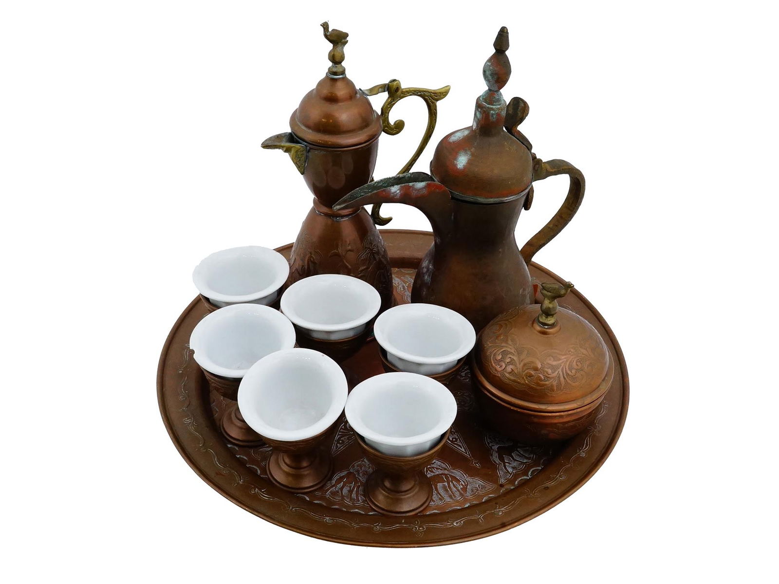 ANTIQUE OTTOMAN COFFEE SET INCL CUPS PITCHERS TRAY BOWL: An antique Ottoman coffee set is a classic example of traditional Turkish copper craftsmanship, often used for serving coffee with great hospitality. The set features two tall, slender copper pitchers
