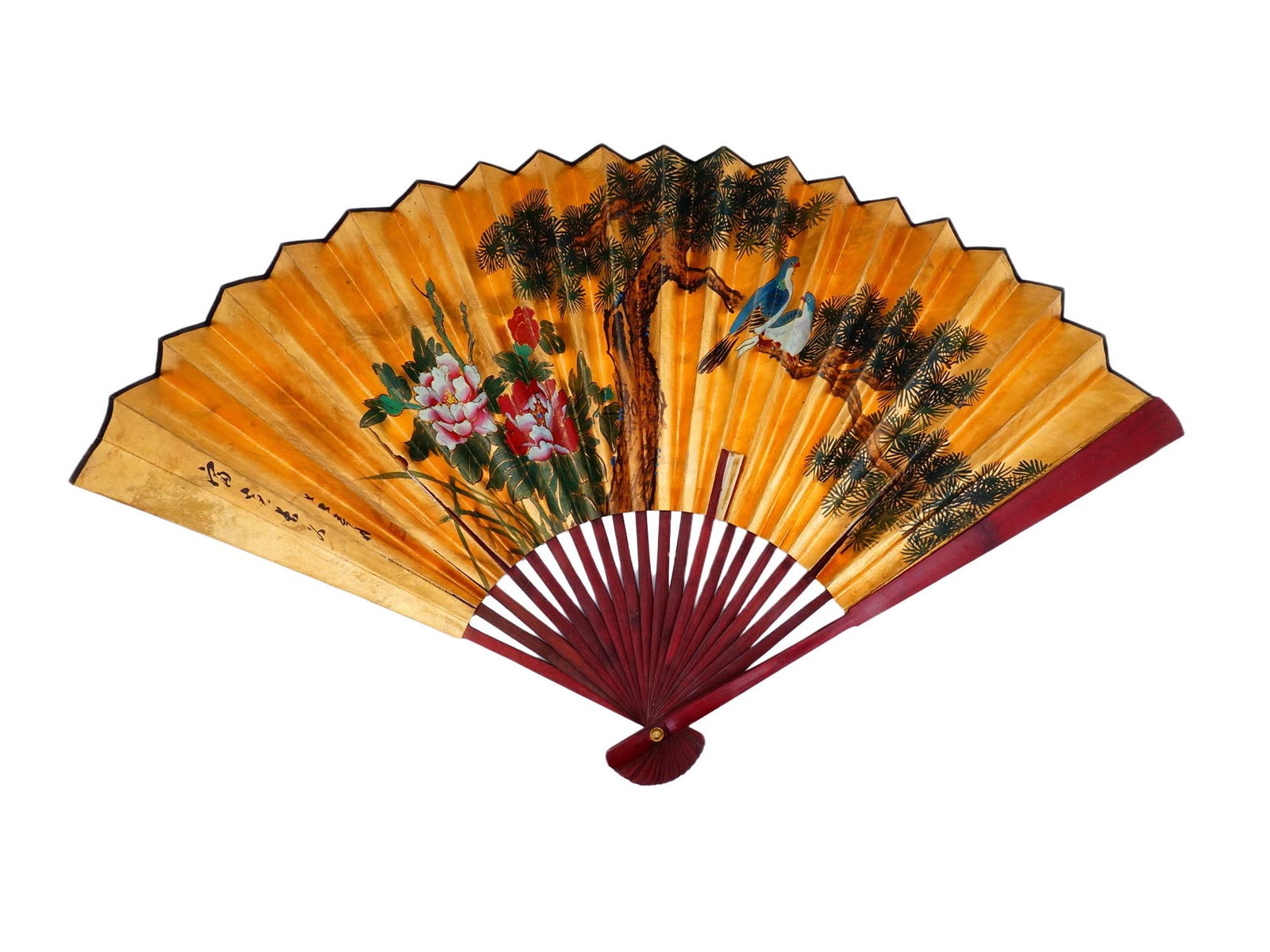 JAPANESE CALLIGRAPHY HAND PAINTED PAPER AND WOOD FAN: This traditional Japanese folding fan features a hand-painted paper leaf with a vibrant gold-toned ground decorated with red peonies, pine trees, and a pair of blue birds. The peonies symbolize wealth