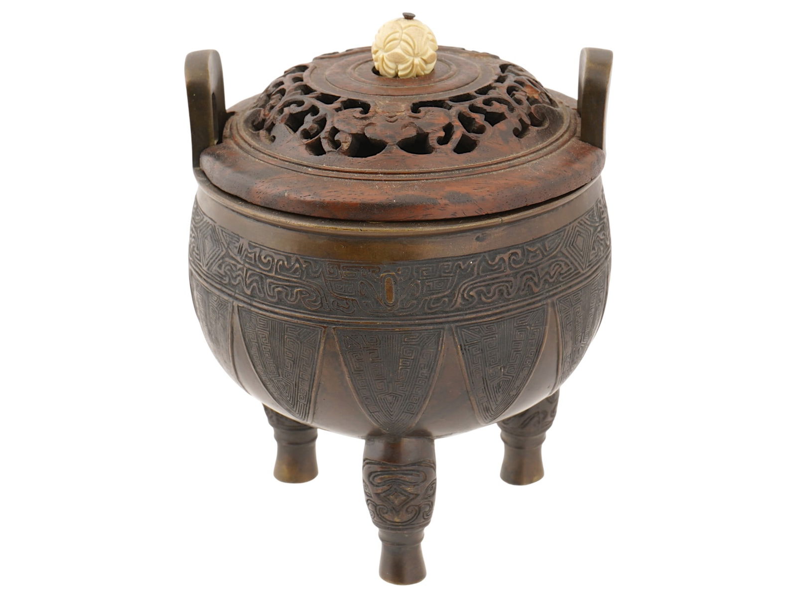 CHINESE BRONZE TRIPOD CENSER W WOODEN OPENWORK LID (1 of 8)