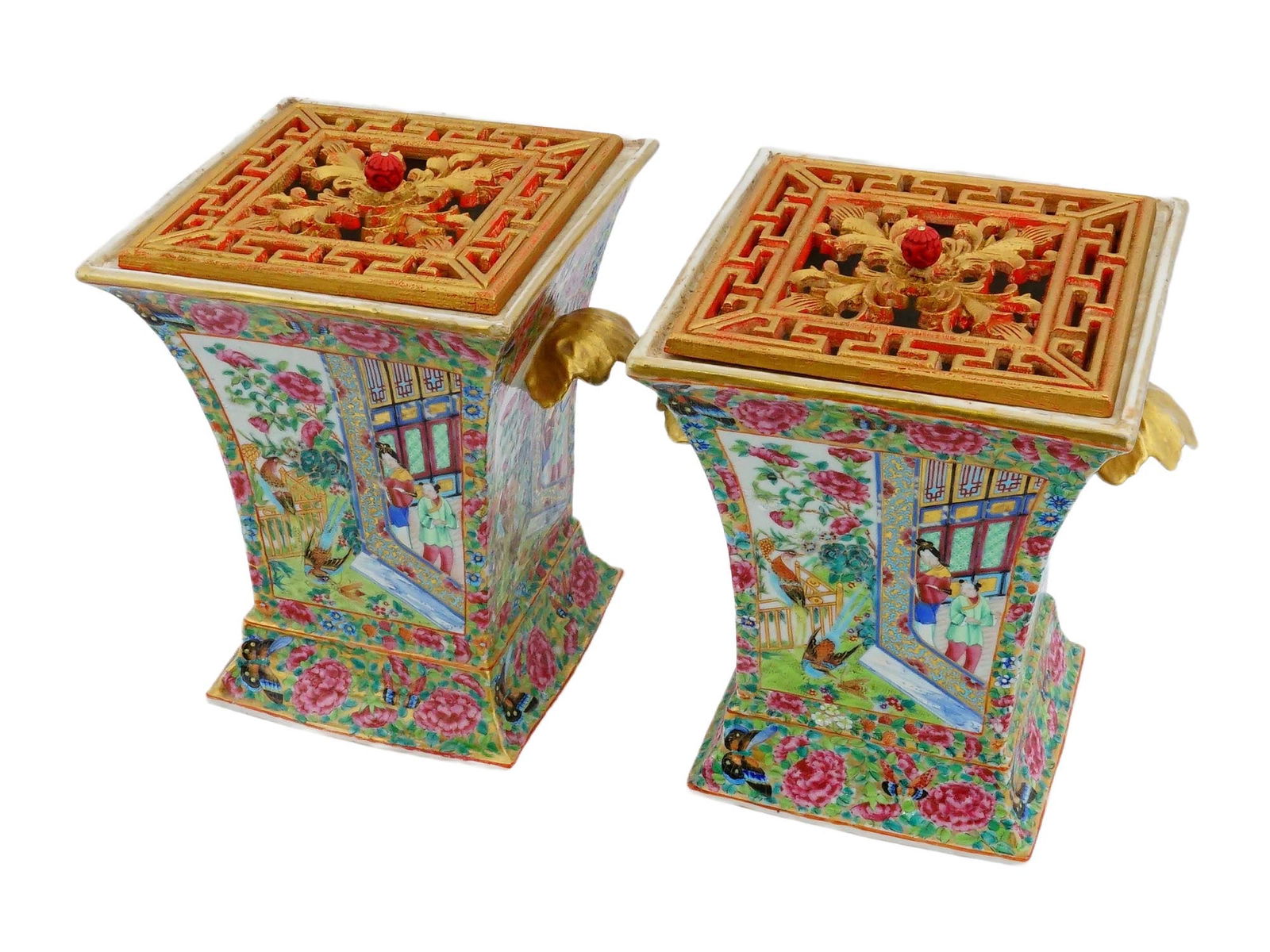 ANTIQUE CHINESE QING CANTON FAMILLE ROSE BOUGH POTS: A pair of antique Chinese Qing dynasty Canton famille rose bough pots, produced for the European export market as decorative flower holders. Each vessel is of square tapering form with gilt leaf-form