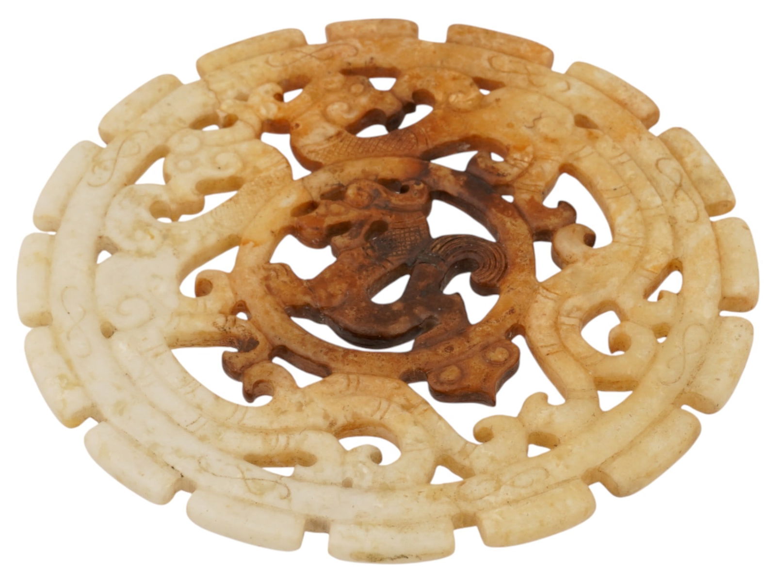 CHINESE DRAGON HAND CARVED WHITE JADE STONE BI DISK: A Chinese hand carved white Jade bi disc amulet representing a flat carved and polished disc with a circular hole in the center. The ware is adorned with an engraved dragon design and pierced through