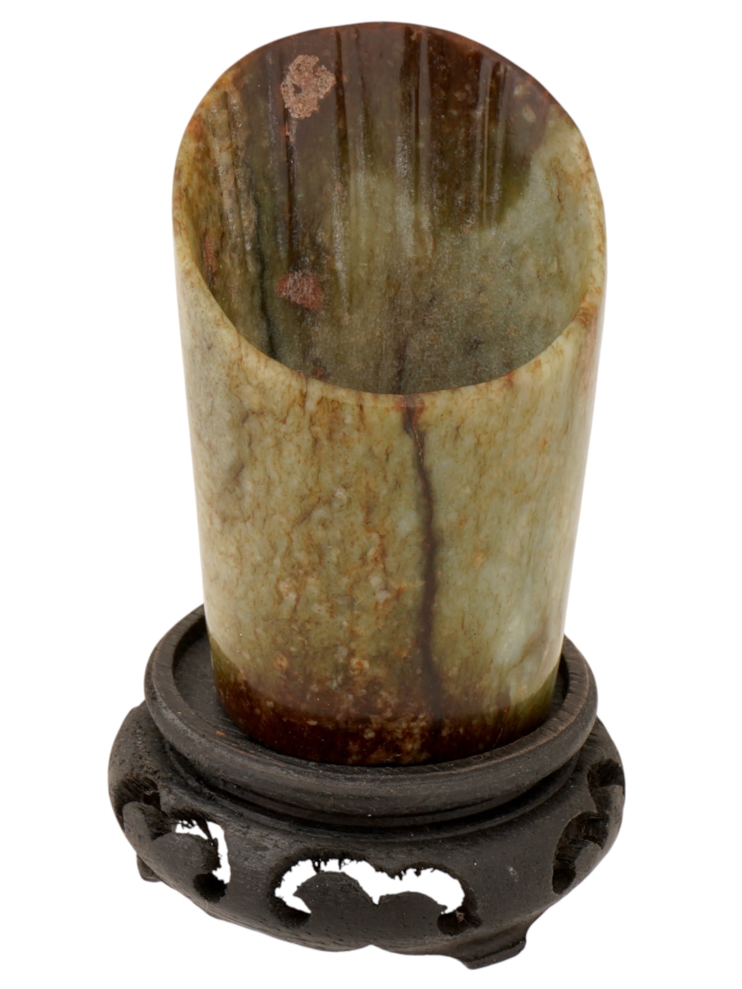 ANTIQUE CHINESE JADE HAIR ORNAMENT HORSE HOOF FORM: An antique Chinese carved jade hair ornament of horse-hoof form, also known as a xi or hoof-shaped tube, reflecting designs associated with early Chinese jade traditions. It is presented mounted on a