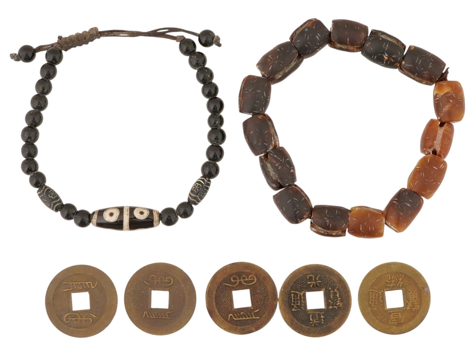 ANTIQUE CHINESE CASH COINS AND TWO BEAD BRACELETS: A group of antique Chinese cash coins and two bead bracelets. Includes copper-alloy Chinese cash coins with central square apertures, along with a black bead bracelet centered by an agate Dzi bead, an
