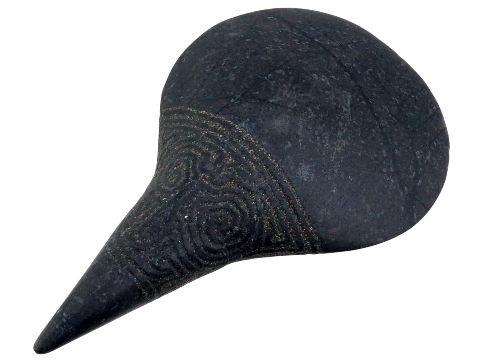 ANCIENT PRE COLUMBIAN TAINO ZOOMORPHIC STONE CELT: An ancient Pre-Columbian Taino zoomorphic carved stone celt, an artifact originating from the Indigenous cultures of the Caribbean, including regions such as Puerto Rico, Hispaniola, and Cuba. Carved