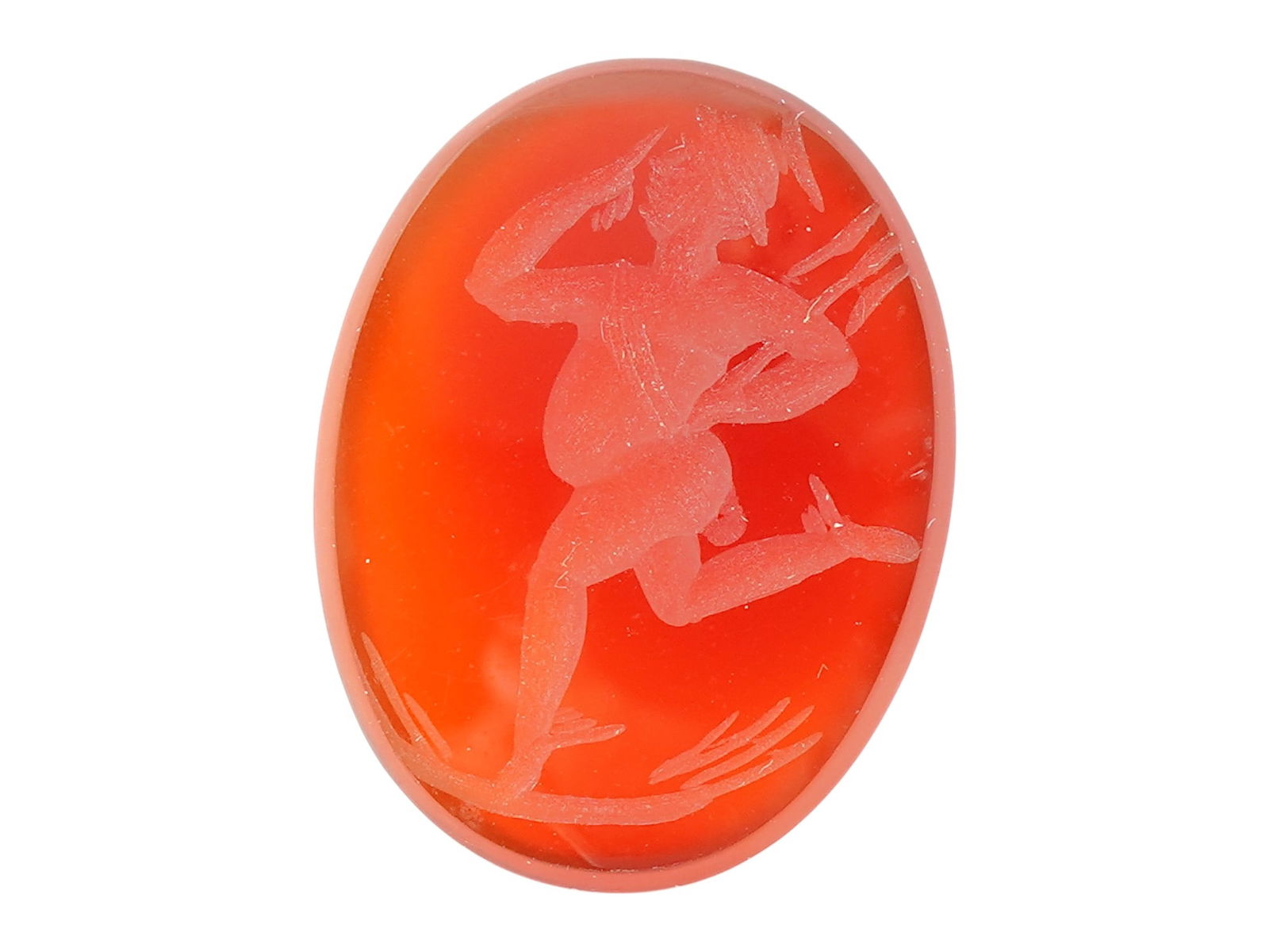 ANCIENT ROMAN HAND CARVED CARNELIAN INTAGLIO CAMEO: An ancient Roman hand carved carnelian Intaglio cameo depicting a figure of Mercury or Hermes. Oval in shape. The reverse side is flat. Archaeological and Historical Wares, Jewelry Wares and Accessori