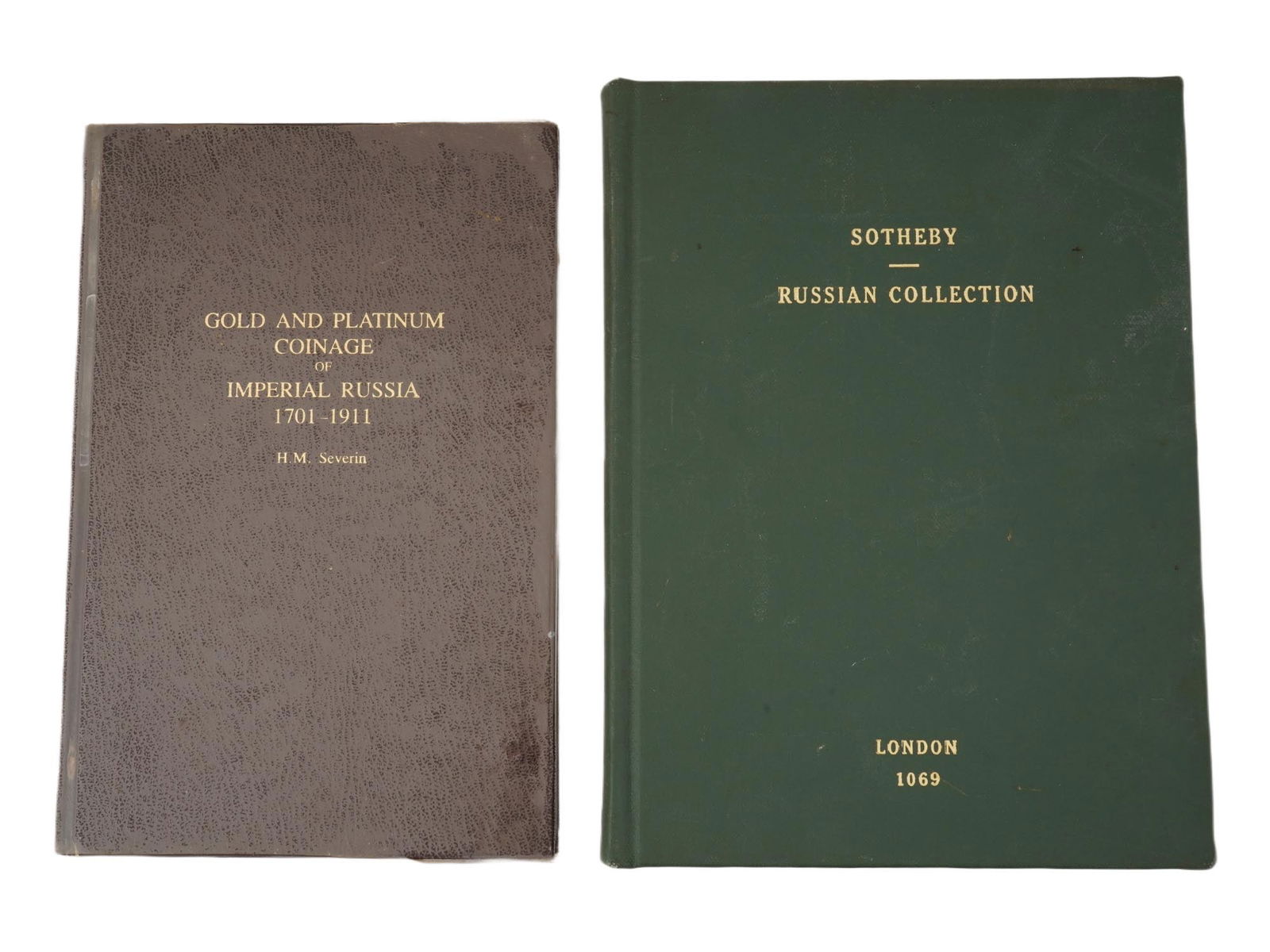 VINTAGE NUMISMATIC REFERENCE BOOK AND AUCTION CATALOGUE: Two vintage numismatic reference publications related to Imperial Russian coinage and collecting history. Included is Gold and Platinum Coinage of Imperial Russia from 1701 to 1911 by H.M. Severin, pu