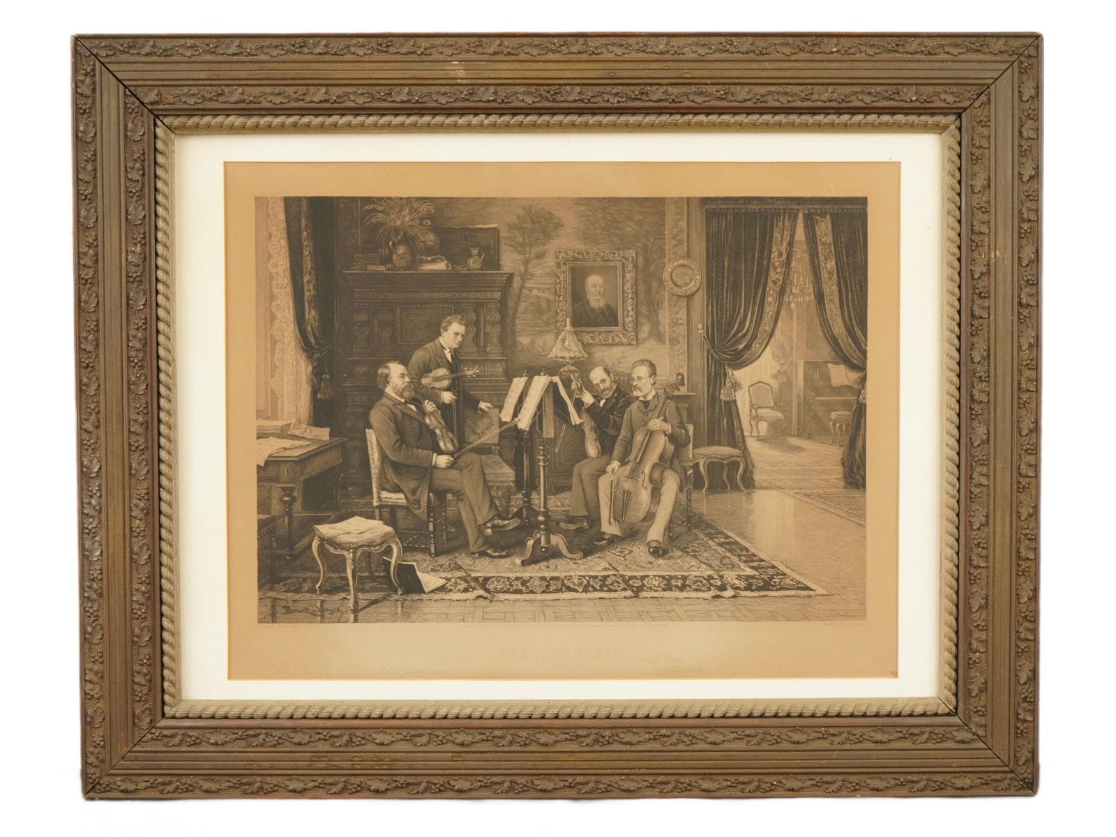 ANTIQUE ETCHING QUARTETT LOWENSTAM AFTER LAJOS BRUCK: An antique etching titled The Quartett, A Rehearsal, or The String Quartet, depicting the celebrated Joachim Quartet, after an original painting by Hungarian artist Lajos Bruck, etched by Leopold Lowe