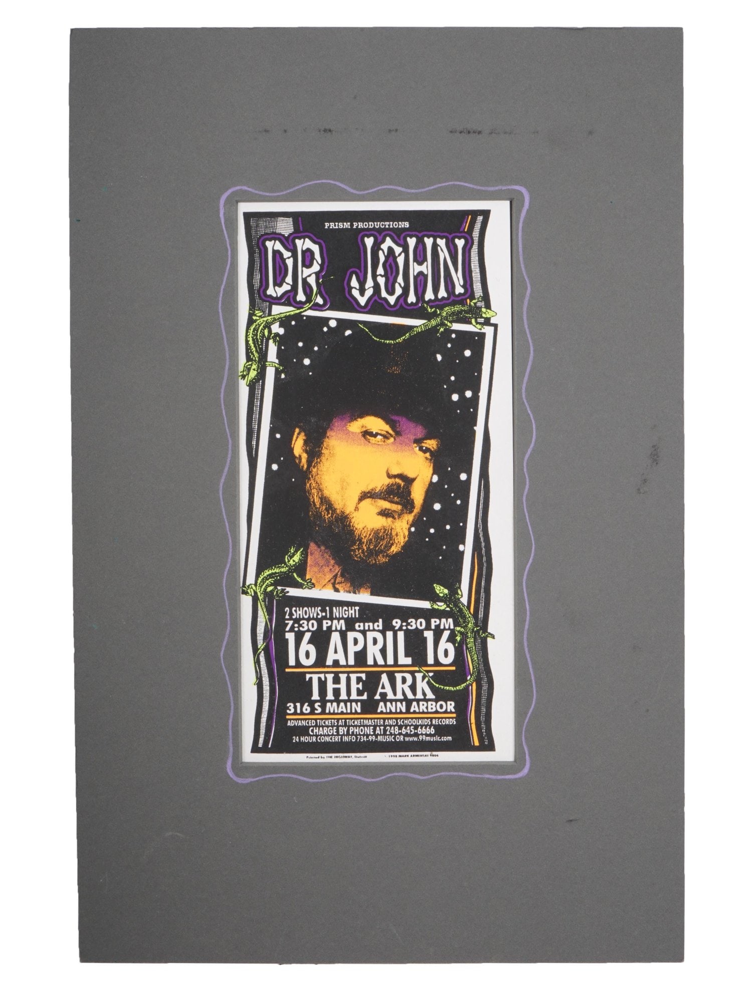 DR JOHN VINTAGE AMERICAN FLYER 1998 BY MARK ARMINSKI: A vintage American flyer for a Dr. John concert at The Ark in Ann Arbor, Michigan, on April 16, 1998, which was designed by artist Mark Arminski. Mark Arminski is an American rock concert poster artis