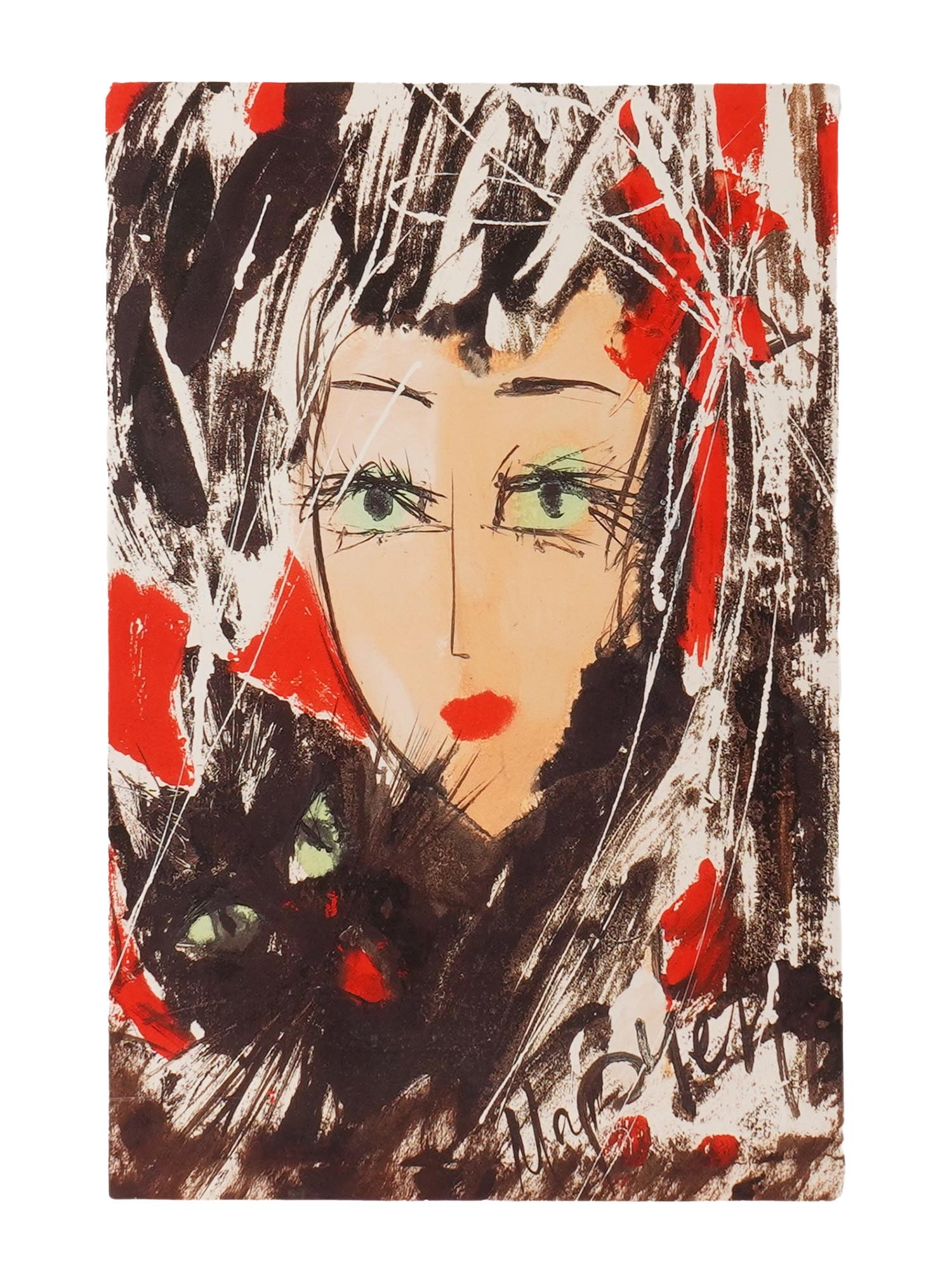 VITALI MARCHENKO UKRANIAN PORTRAIT PRINT ON ALUMINUM: Vitali Marchenko, Ukranian, 20th century, color print on aluminum base. Portrait of a woman with a black cat in the manner of Anatoly Zverev. Signed in the lower right. Undated. Unframed. Provenance: