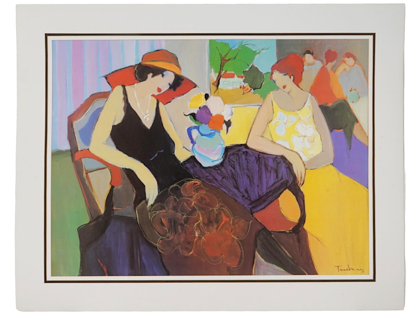 AFTER ITZCHAK TARKAY ISRAELI COLOR OFFSET PRINT: Color offset print on paper. After Itzchak Tarkay, 1935 to 2012, an Israeli painter who focused on images of elegant women. The piece depicts two women in a cafe. Signed in plate in the lower right. M