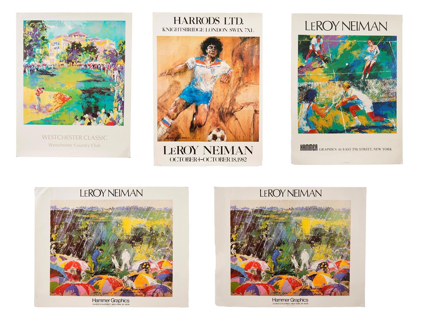 LEROY NEIMAN AMERICAN EXHIBITION POSTERS: A group of five vintage exhibition posters of the renowned American artist LeRoy Neiman, celebrated for his expressionist depictions of sports and high society. It includes the Westchester Classic pos