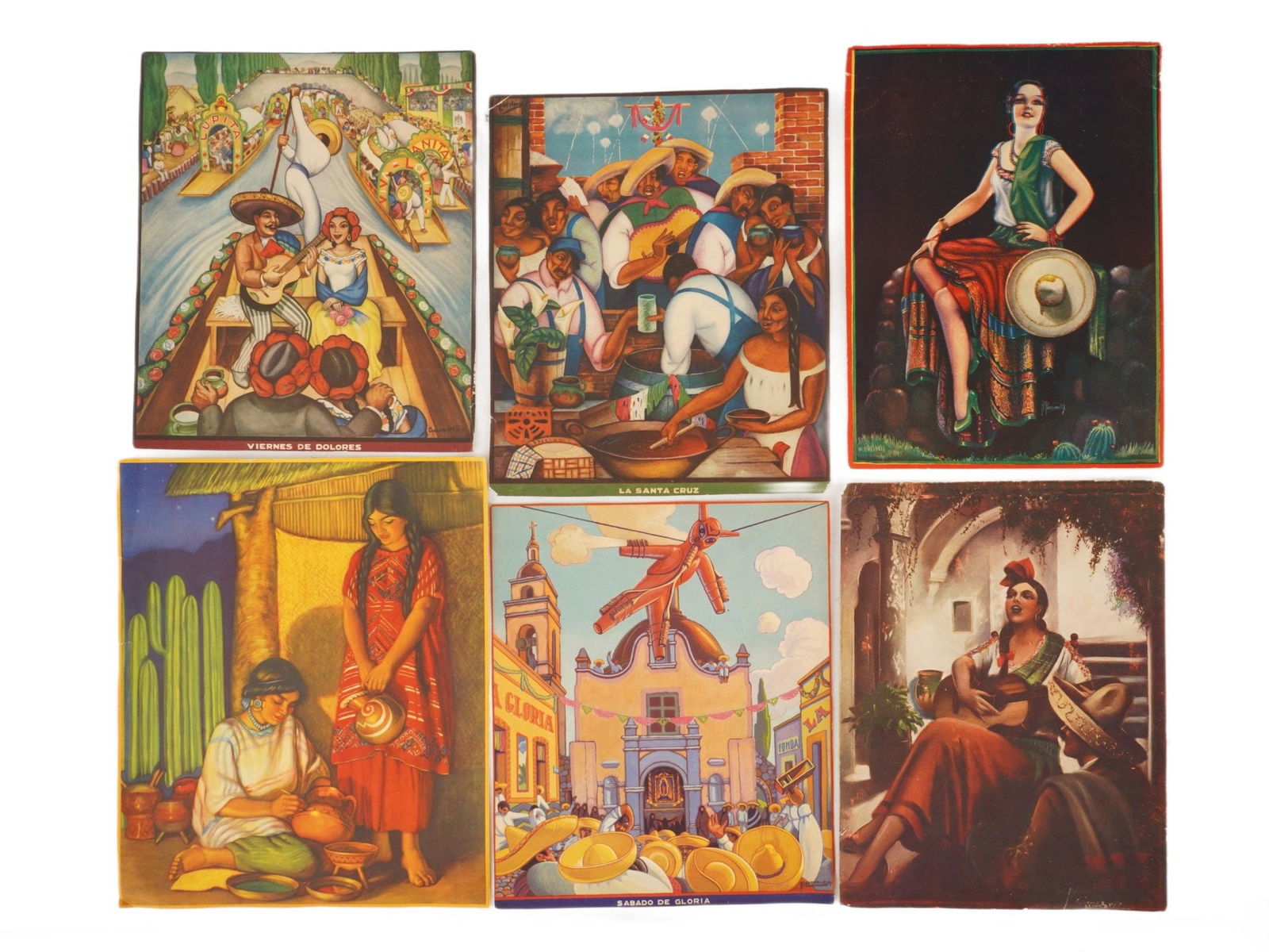 GROUP OF SIX VINTAGE MEXICAN COLOR OFFSET POSTERS: A group of six vintage Mexican color offset posters featuring the theme of Mexican culture and traditions. The first depicts a scene with people in traditional clothes on boats, inscribed lower VIERNE
