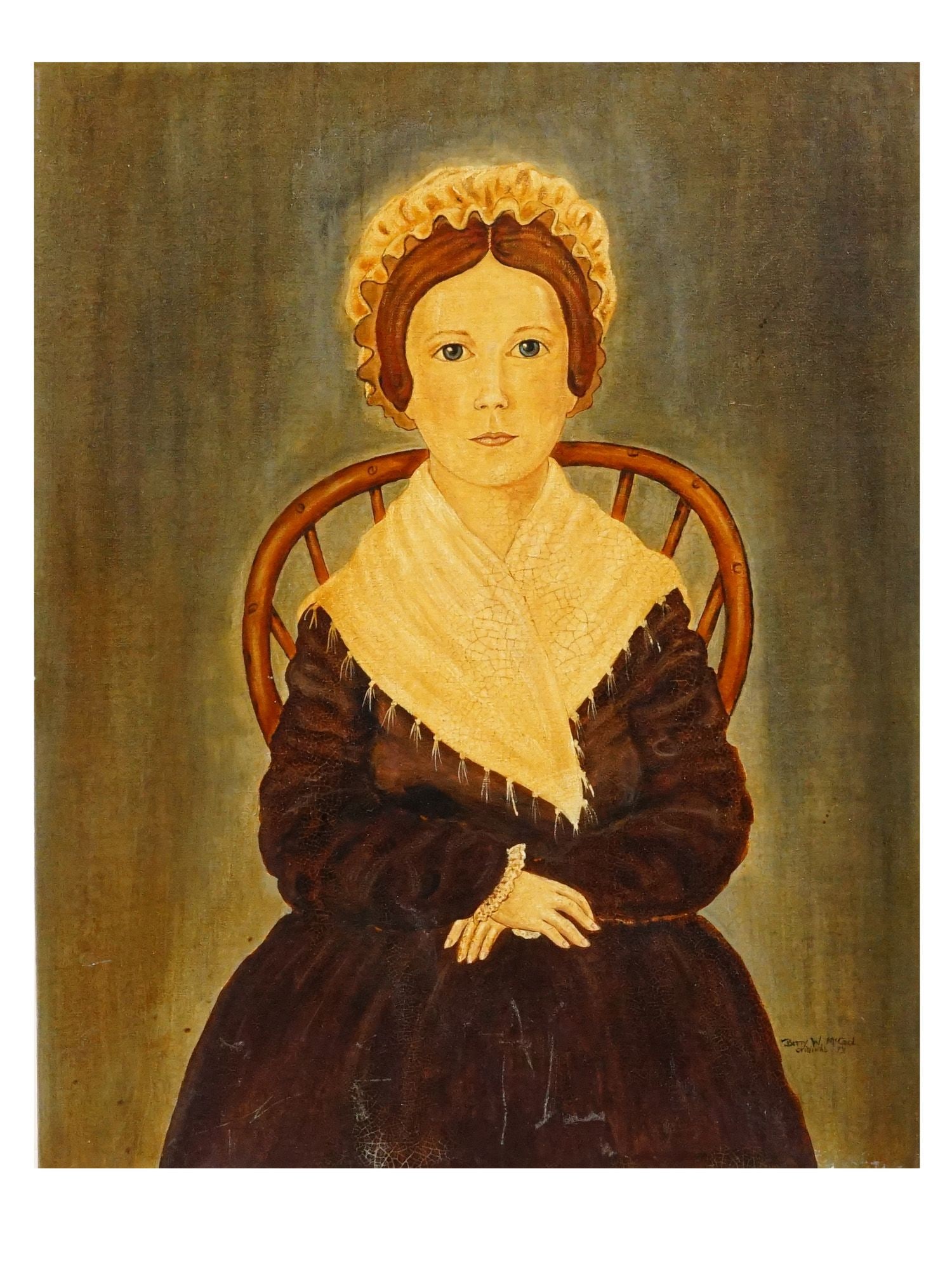 BETTY MCCOOL AMERICAN FEMALE PORTRAIT OIL PAINTING: Betty Williams McCool, American, 1932 to 2011, oil on canvas board painting. A portrait of a woman seated in a chair, 19th-century style. Titled A Lady in Windsor. Signed and dated 1973 in the lower r