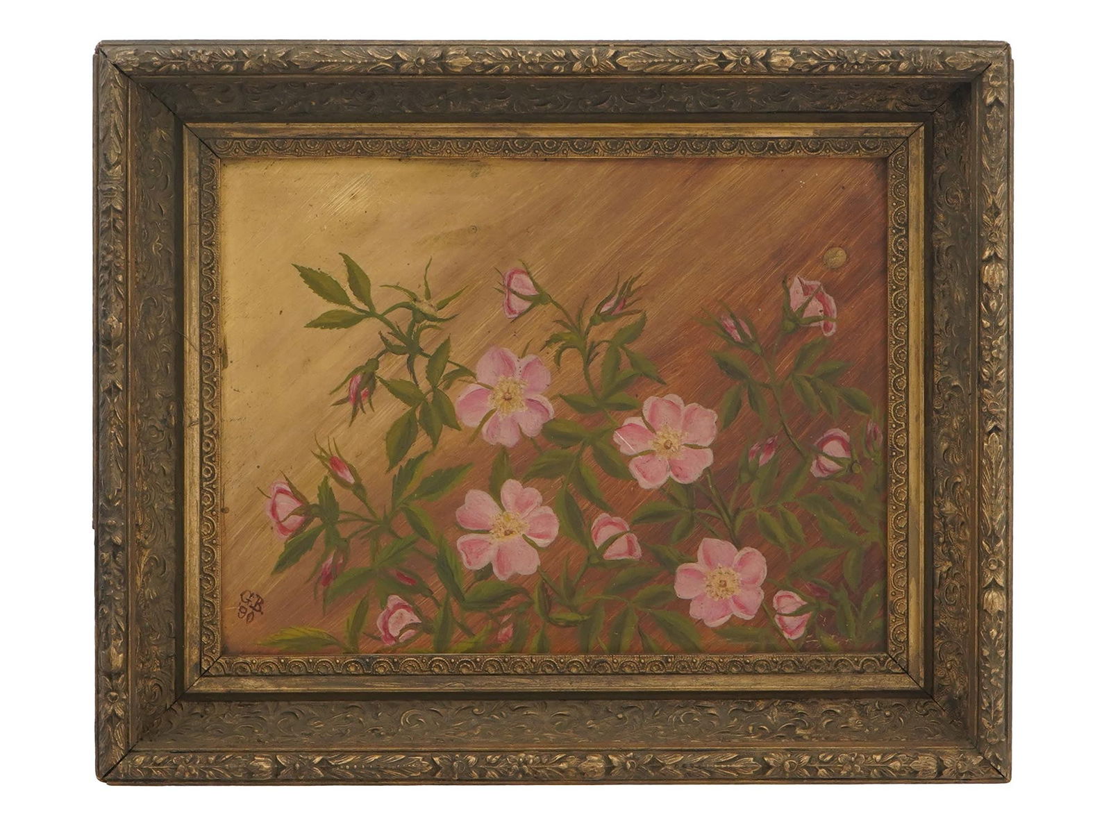 ANTIQUE FLORAL STILL LIFE OIL PAINTING SIGNED: Oil on board painting. American, late 19th century. The artwork depicts rosehip flowers. Signed with initials GB and dated 1890 in the lower left. Framed. Collectible Fine Art And Wall Decor. T