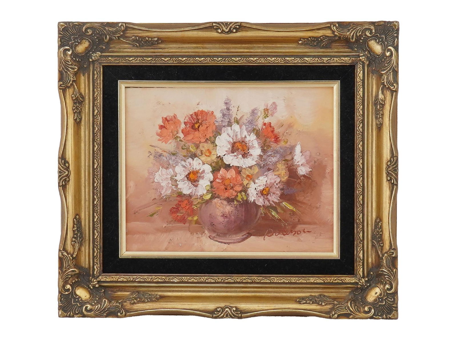 VINTAGE FLORAL STILL LIFE OIL PAINTING SIGNED: Oil on canvas painting. Still life with a wildflower bouquet in a vase. Signed in the lower right, Potison or Poteson. Ca. mid to late 20th century. Framed. Collectible Fine Art And Wall Decor.