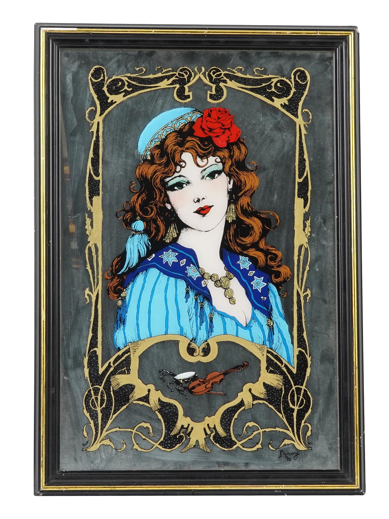 FENALE PORTRAIT PAINTING ON MIRROR SIGNED BY ARTIST (1 of 5)