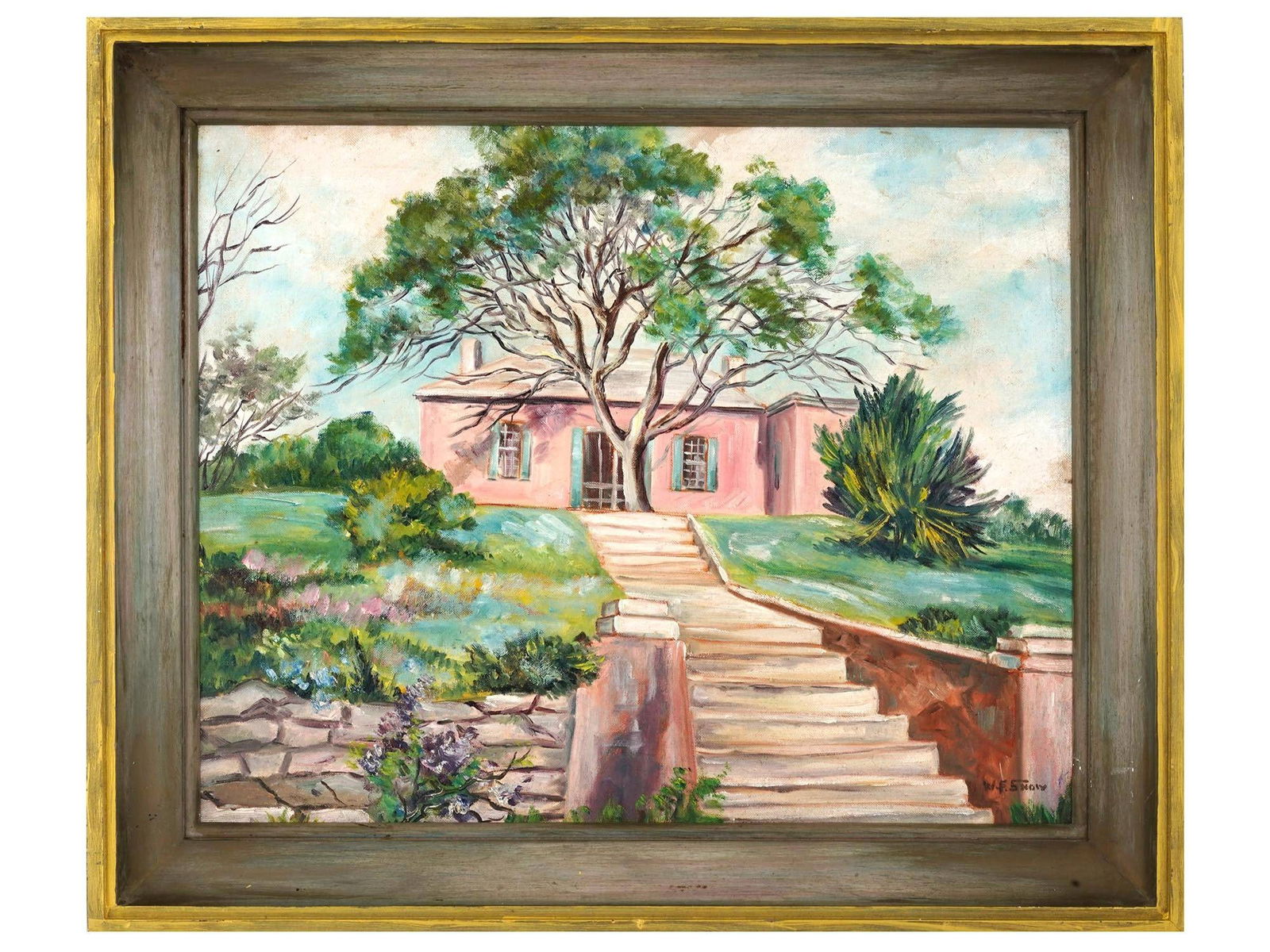 MODERN AMERICAN OIL PAINTING BY WARREN FRANCIS SNOW: Warren Francis Snow, American, 1869 to 1962, oil painting on canvas mounted on board, The Pink House Bermuda, depicting a landscape with a house view. Signed lower right. Framed. Inscribed on the back