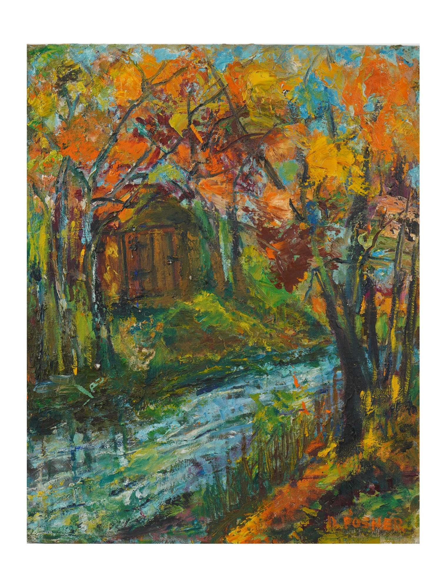 AMERICAN FOREST LANDSCAPE PAINTING SIGNED POSNER: Oil on board painting. American, mid to late 20th century. The artwork represents a rural river landscape during autumn. Signed by the artist in the lower right and on the backside, D. Posner. Unframe