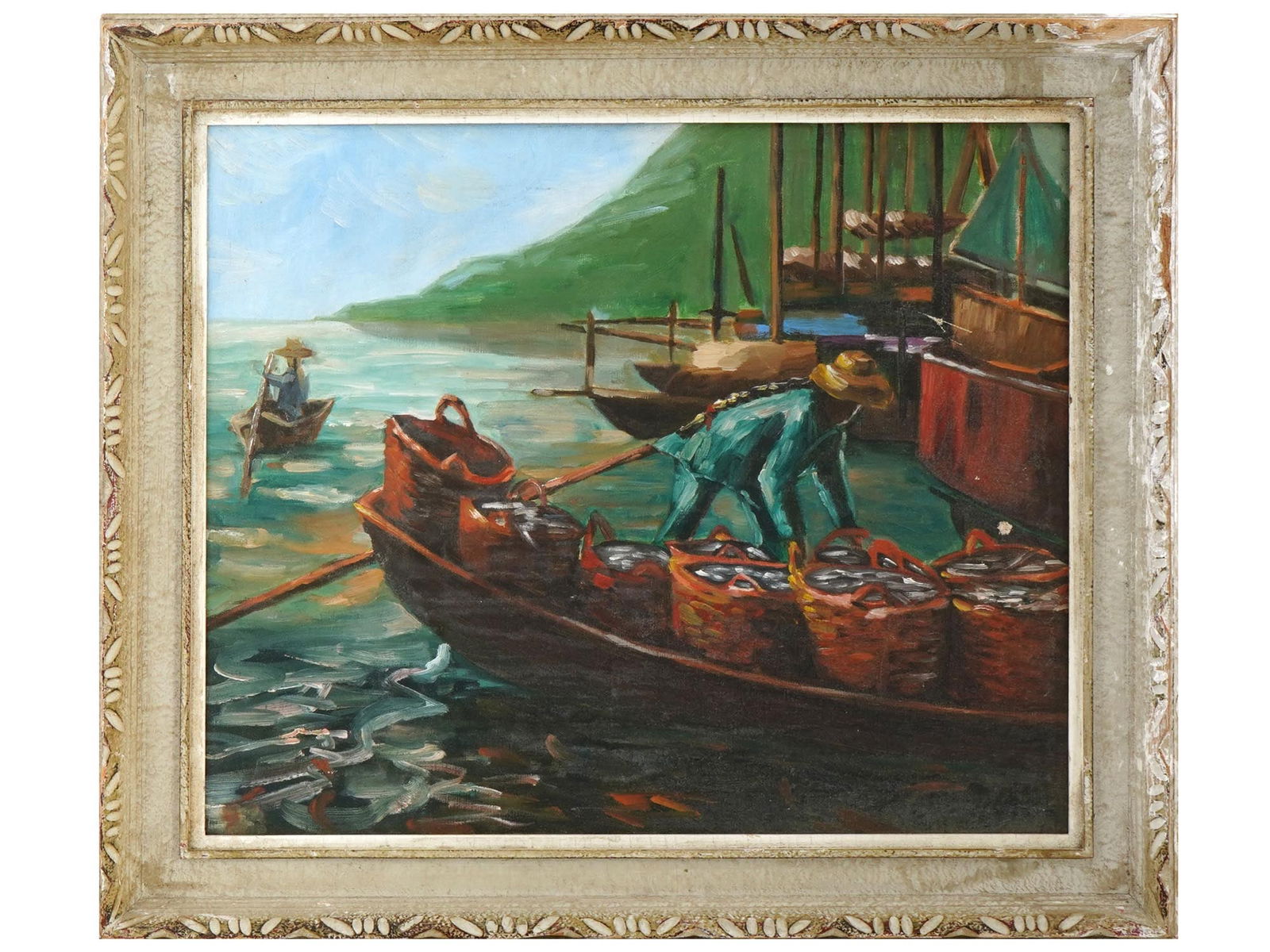 ORIENTAL GENRE OIL PAINTING OF CHINESE FISHERMAN: Oil on canvas painting. Mid to late 20th century. The artwork depicts two Chinese fishermen carrying their catch on boats. Unsigned. Wooden frame. Collectible Oriental Figurative Fine Art, Maritime Na