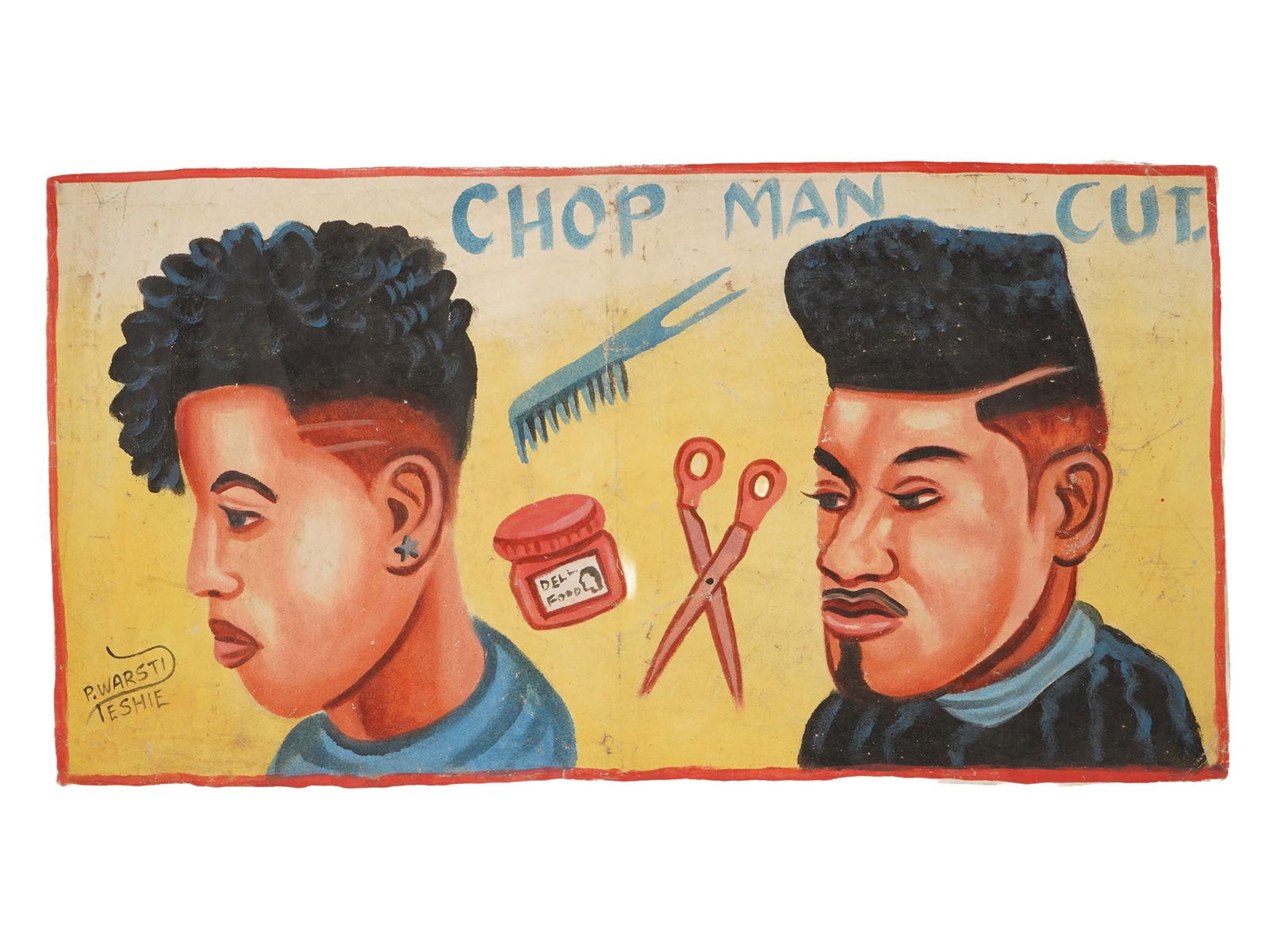 GHANAIAN OIL PAINTING BARBERSHOP SIGN BY PAPA WARSTI: An original oil painting on flour bag barbershop sign from Ghana. Signed by P. Warsti of Teshie, lower left. The panel advertises the Chop Man Cut and features two stylized portraits of men with hairc