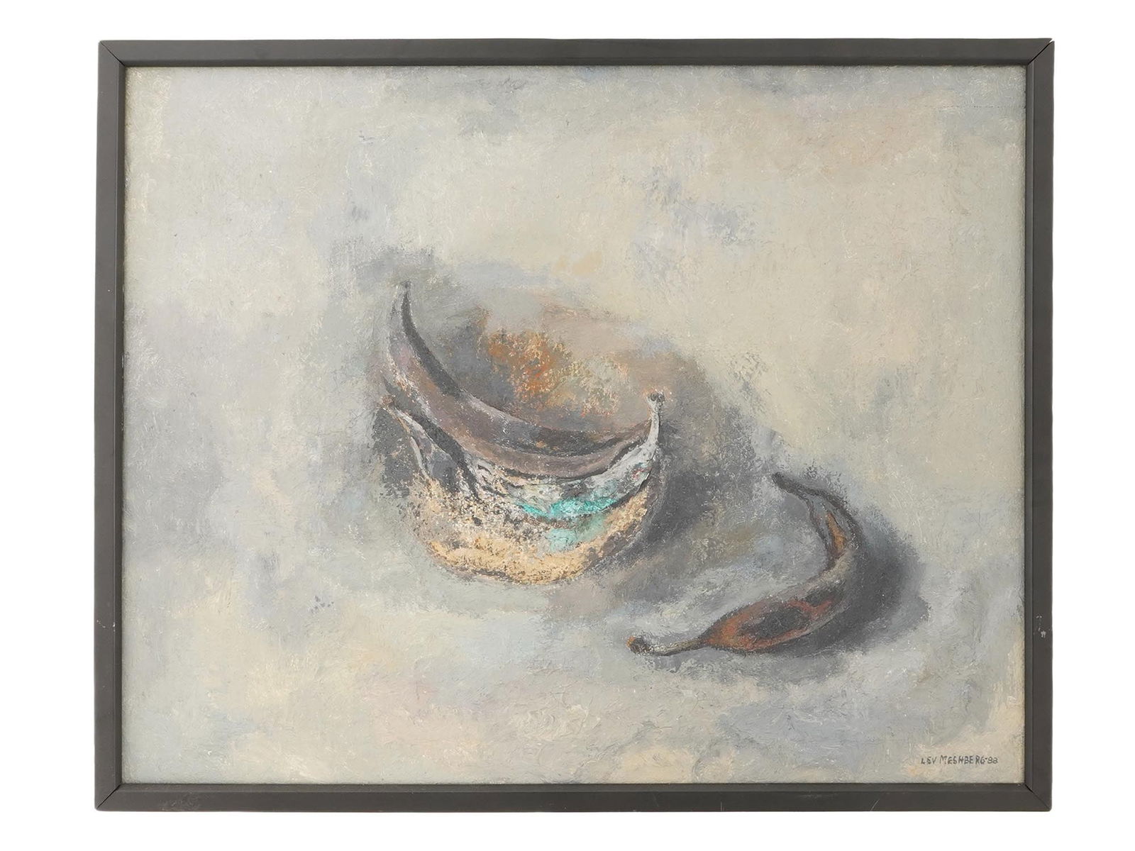 AMERICAN STILL LIFE OIL PAINTING BY LEV MESHBERG: Lev Meshberg, Ukrainian Soviet era, American, 1933 to 2007, an oil painting on canvas depicting a still life with bananas, 1988. Signed and dated 88, lower right. Framed. Additionally signed, titled,