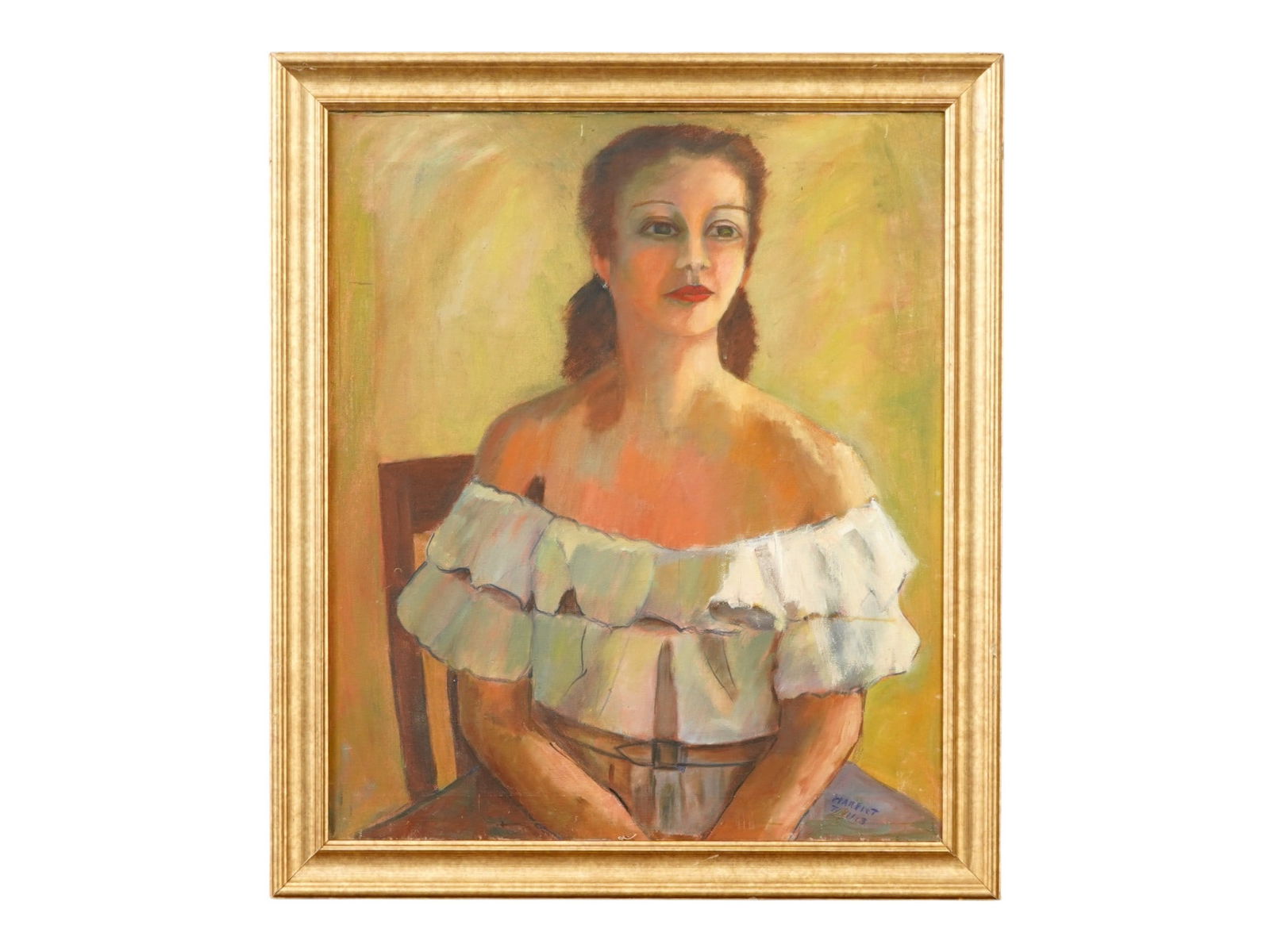 VINTAGE OIL ON CANVAS WOMAN PORTRAIT PAINTING: A vintage oil on canvas portrait painting. Presumably of American origin. Signed with the first name Harriet and illegible last name lower right. The painting depicts a young woman wearing a white blo