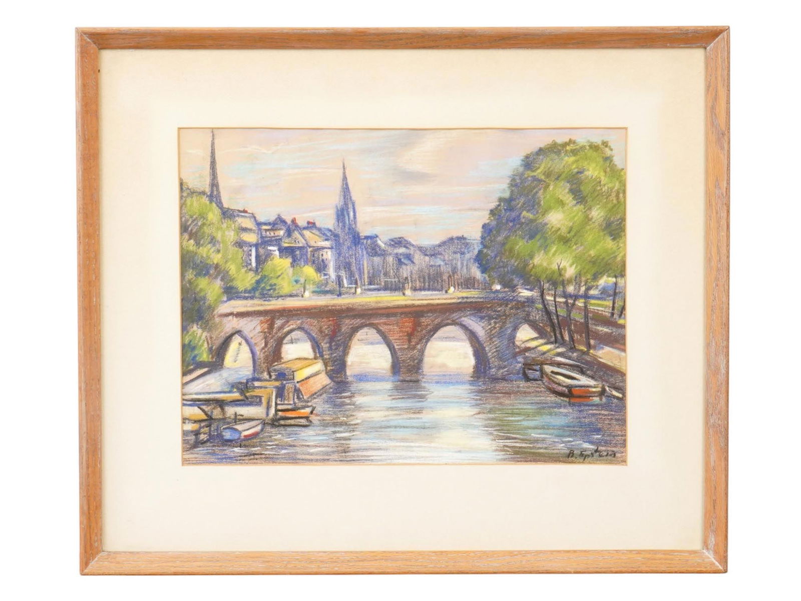 CITYSCAPE PARIS PASTEL PAINTING SIGNED: A pastel on paper painting depicting Paris with a bridge over a river. The scene shows a stone bridge with multiple arches, with boats docked on the river. Matted and framed. Bears an illegible signat
