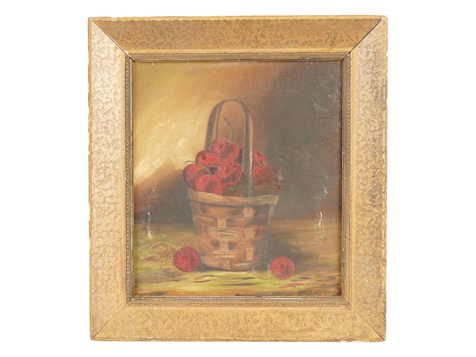 EUROPEAN SCHOOL STILL LIFE OIL PAINTING SIGNED: A 20th century European School oil painting on canvas depicting a still life with cherries and a basket. Illegibly signed by the artist, lower right. Framed. Antique and Vintage European Fine Art, Fru